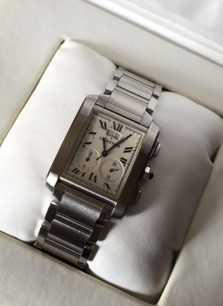Relógio Cartier Tank , de aço com calendário e cronógrafo, no estojo... - foto 1 de 4