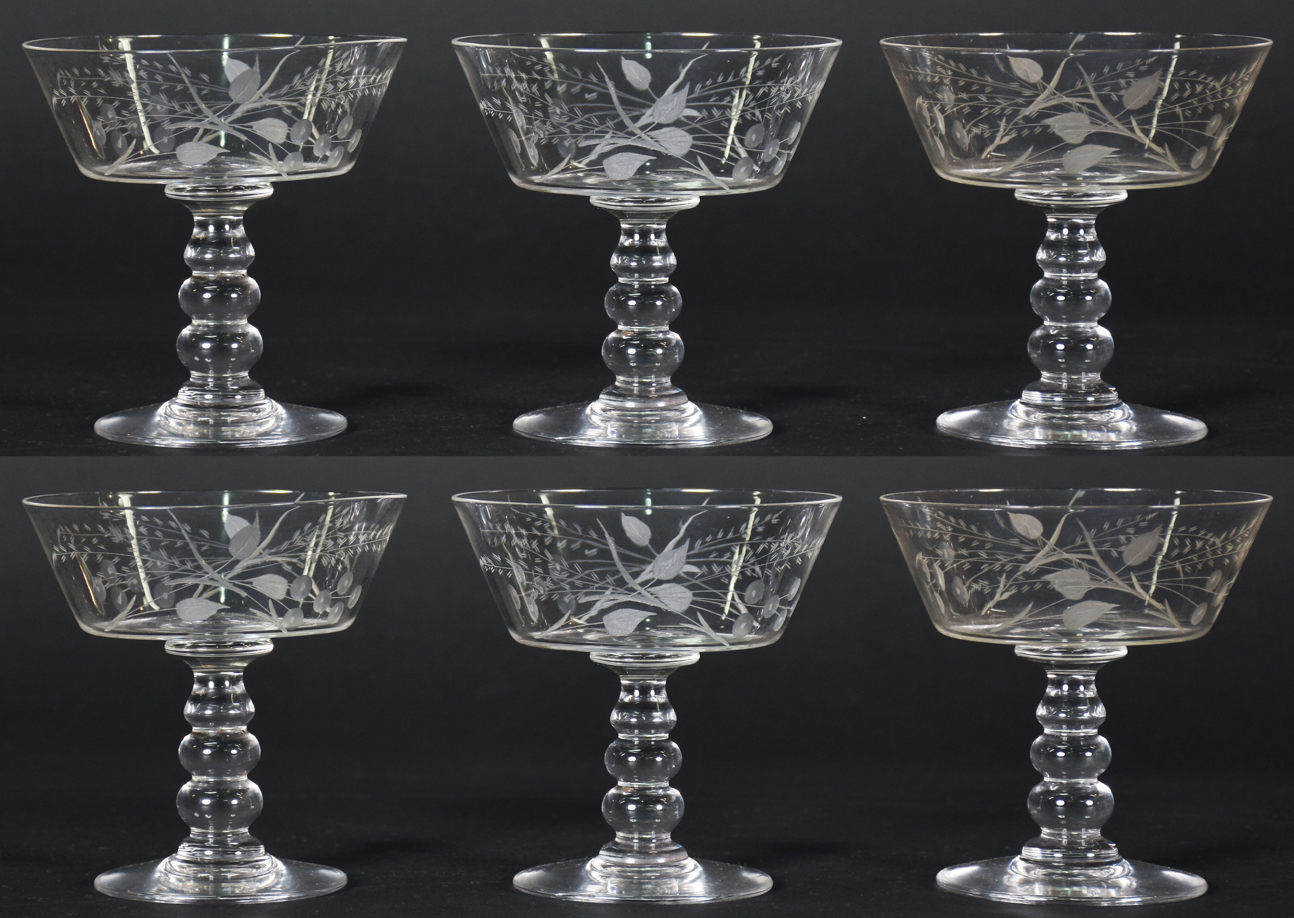 Seis taças de cristal para champagne lapidadas com folhas - foto 1 de 2