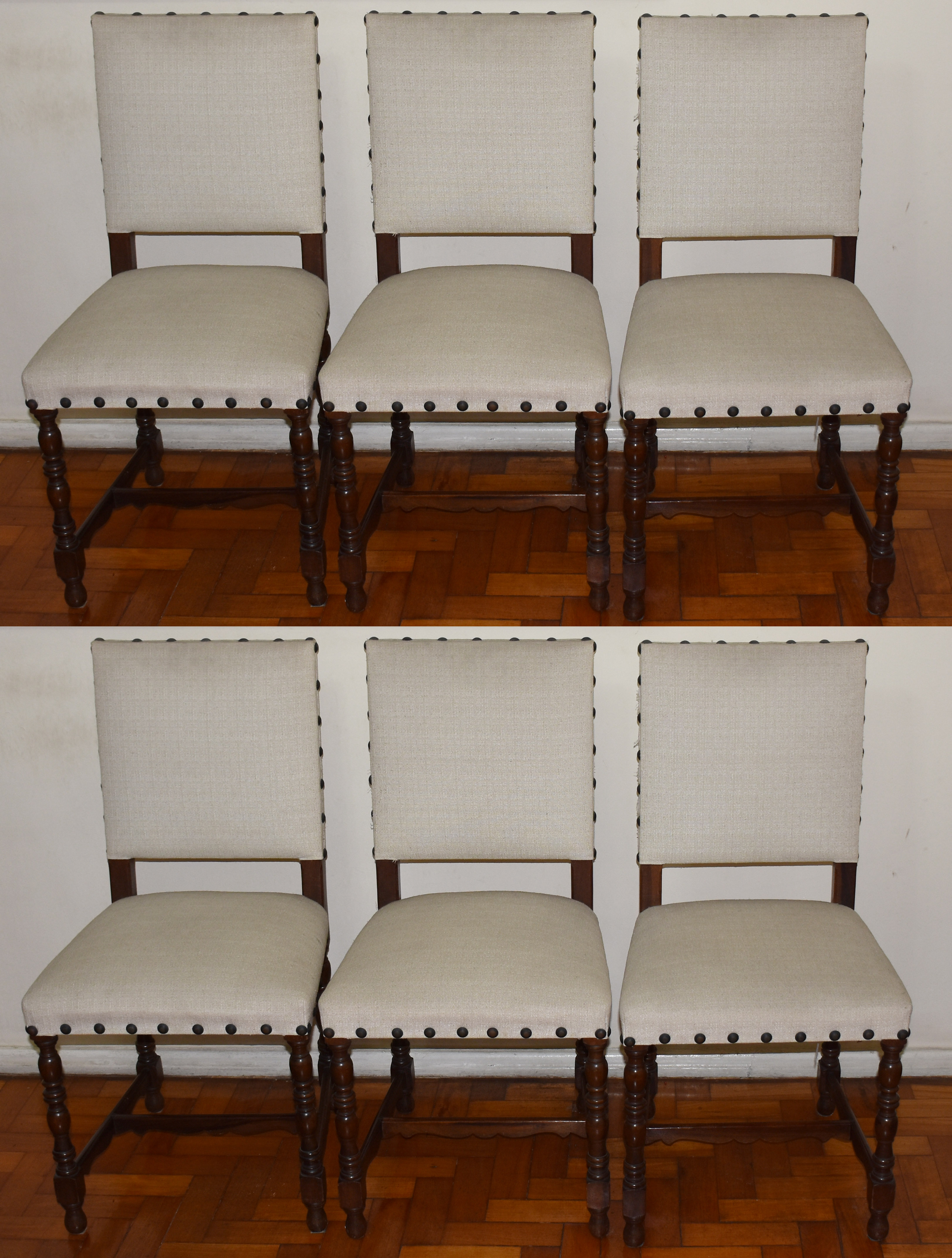 Seis cadeiras para sala de jantar de madeira nobre, pernas torneadas...