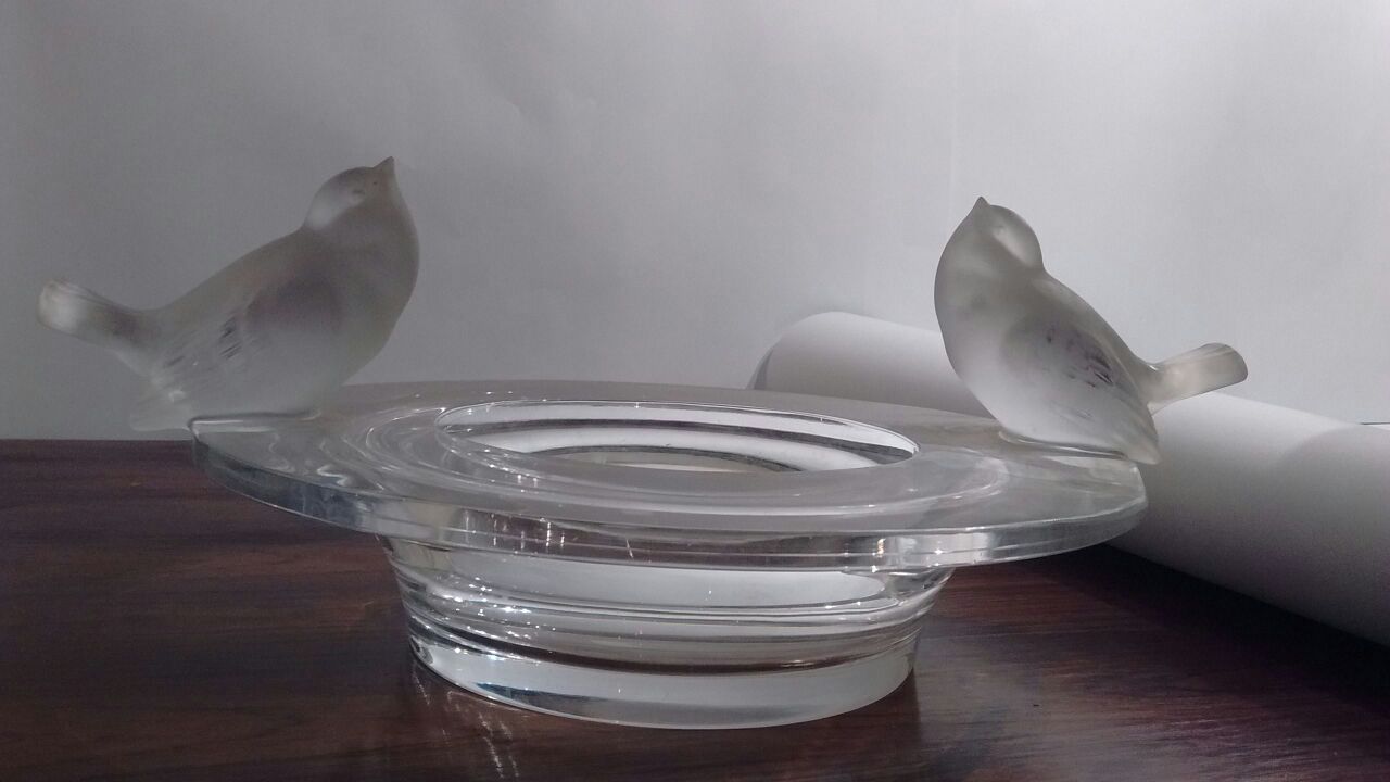 Lalique - floreira/fruteira multiuso em cristal translúcido com dois...