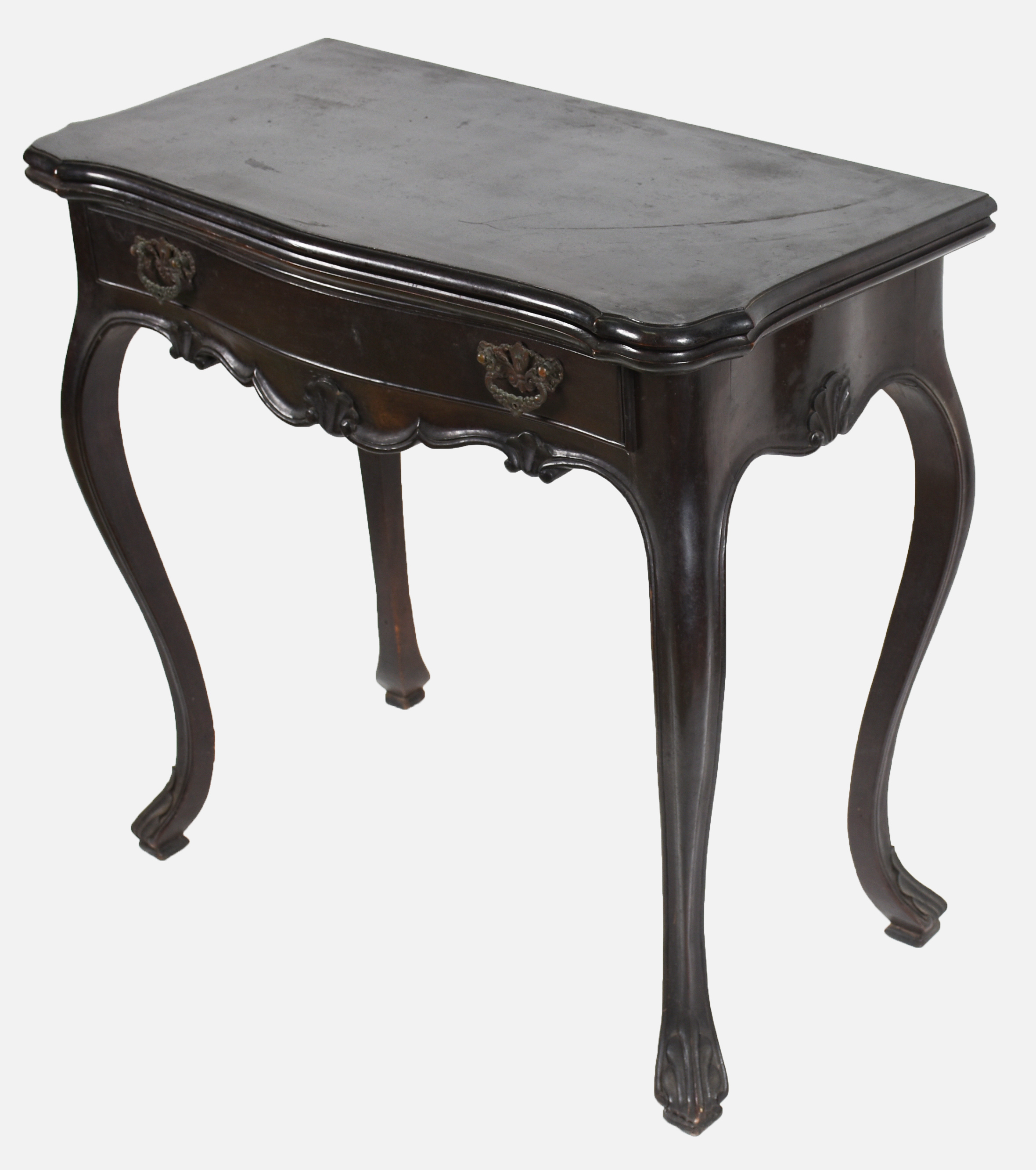 Mesa de encostar de madeira nobre, estilo Luis XV, tampo dobrável e... - foto 1 de 6