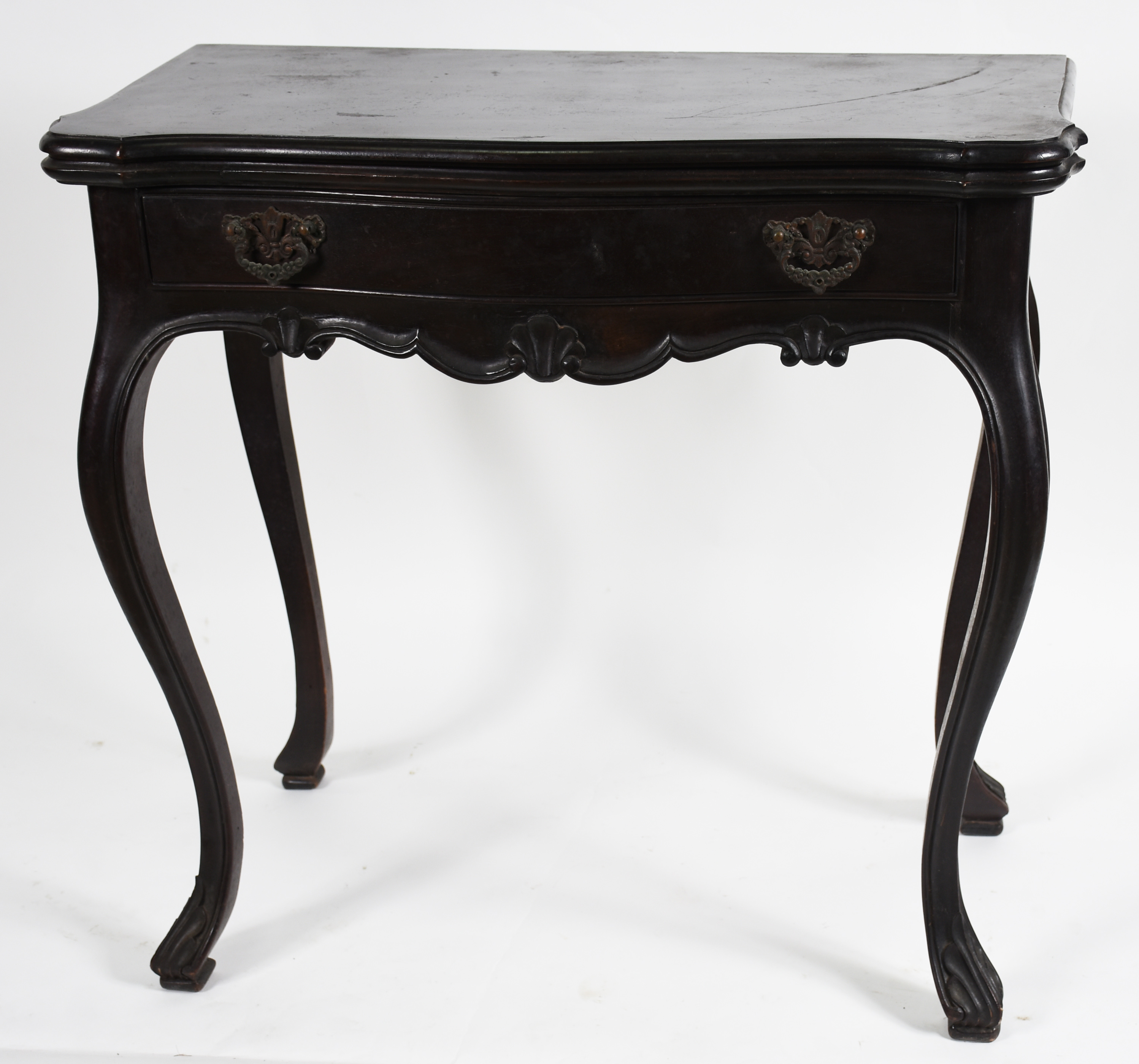 Mesa de encostar de madeira nobre, estilo Luis XV, tampo dobrável e... - foto 2 de 6