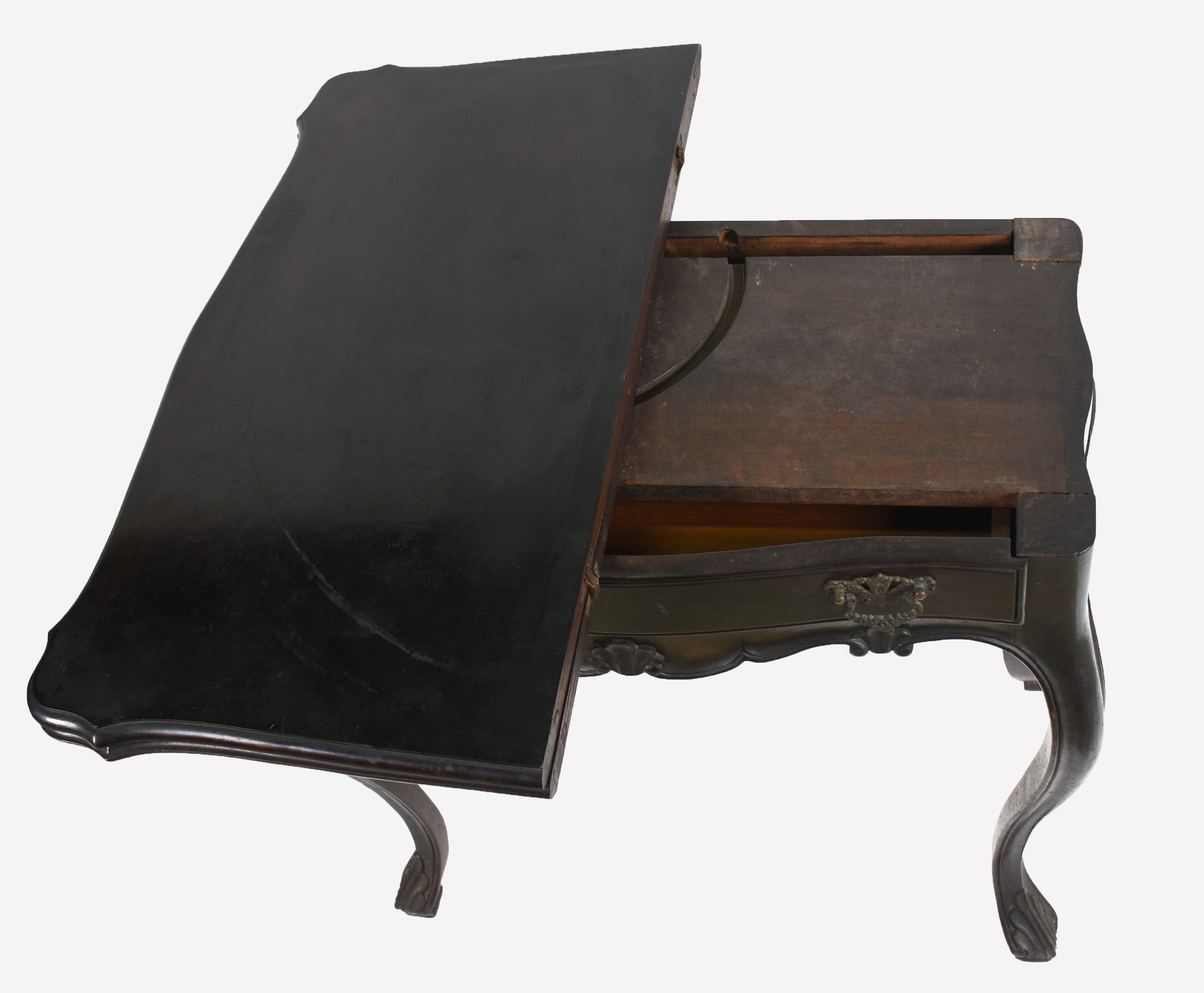 Mesa de encostar de madeira nobre, estilo Luis XV, tampo dobrável e... - foto 3 de 6