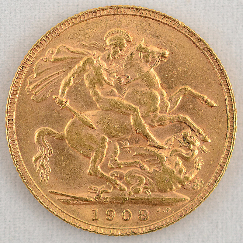 Moeda em ouro 22 K: Sterling Pound de 1908. EDWARDUS VII. Peso total... - foto 2 de 2