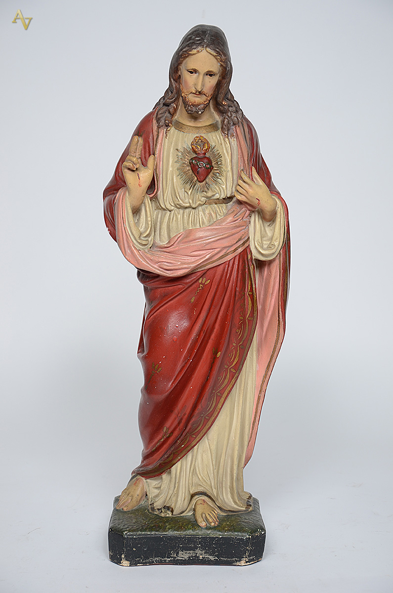 Cristo (Sagrado Coração) em gesso policromado com olhos de vidro... - foto 1 de 3
