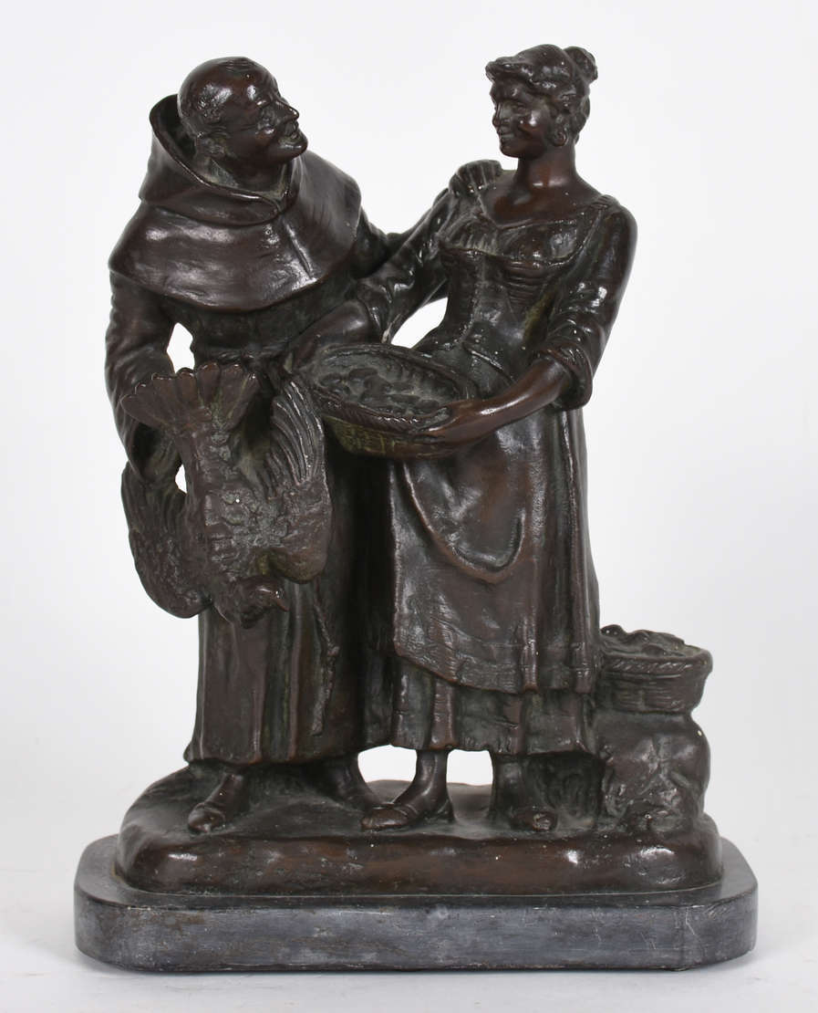 Escultura de bronze representando " frei com figura feminina"... - foto 1 de 4