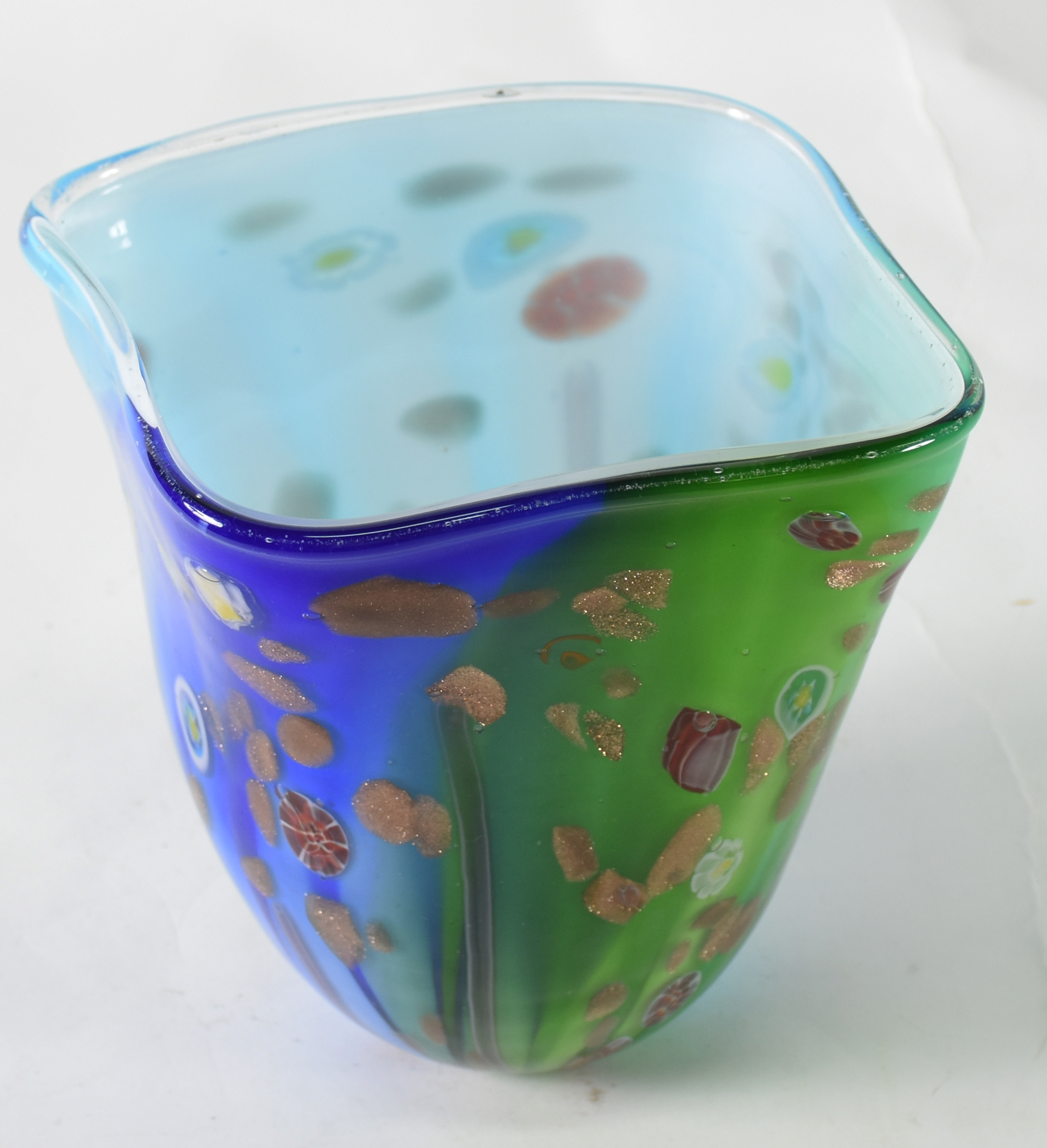 Cachepot de murano azul e verde com pó de ouro . - foto 1 de 4