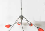 Lustre anos 50 de metal com 5 braços com mangas... - Lustre anos 50 de metal com 5 braços com mangas vermelhas .