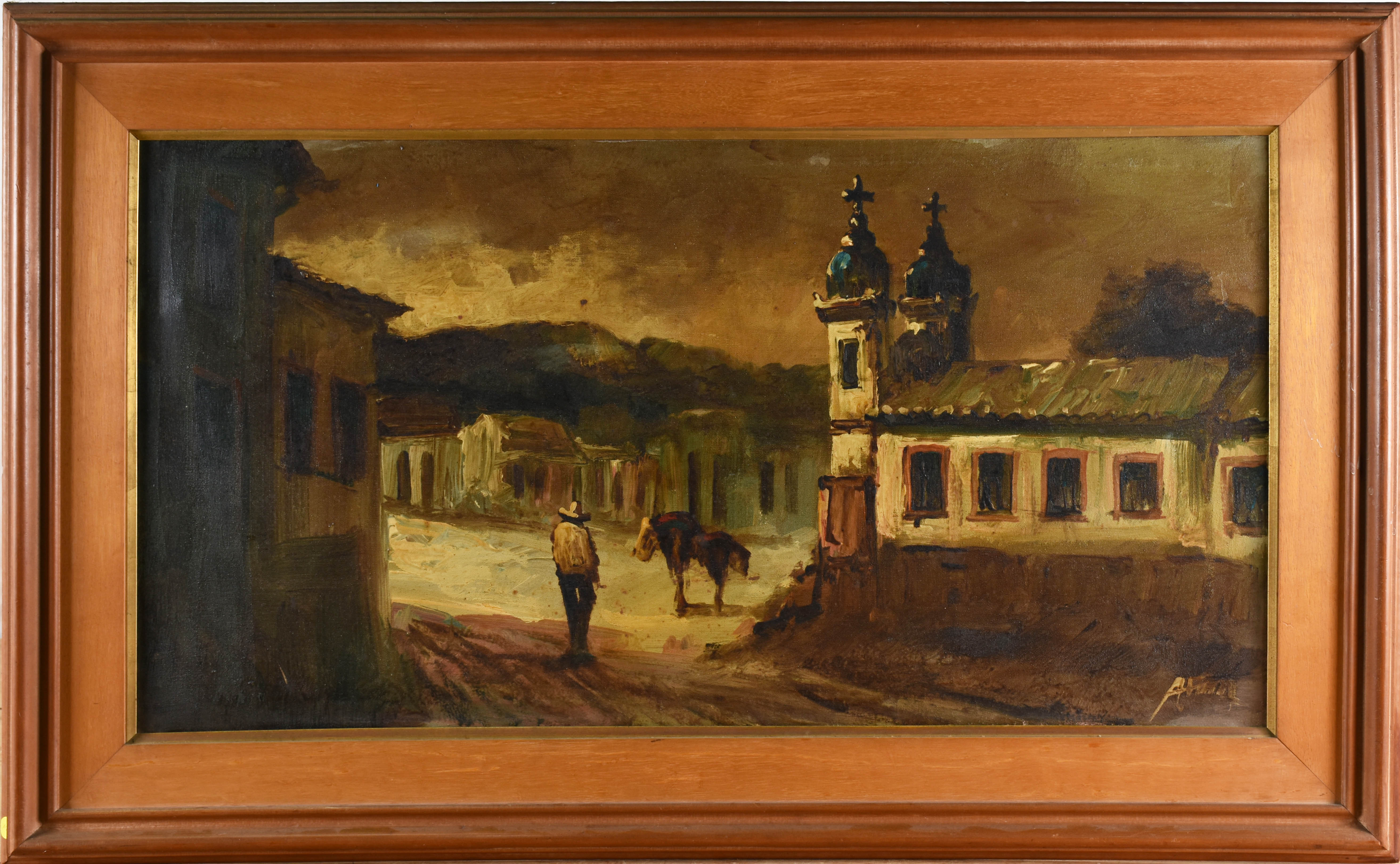 Igreja com casario e figura - foto 1 de 3