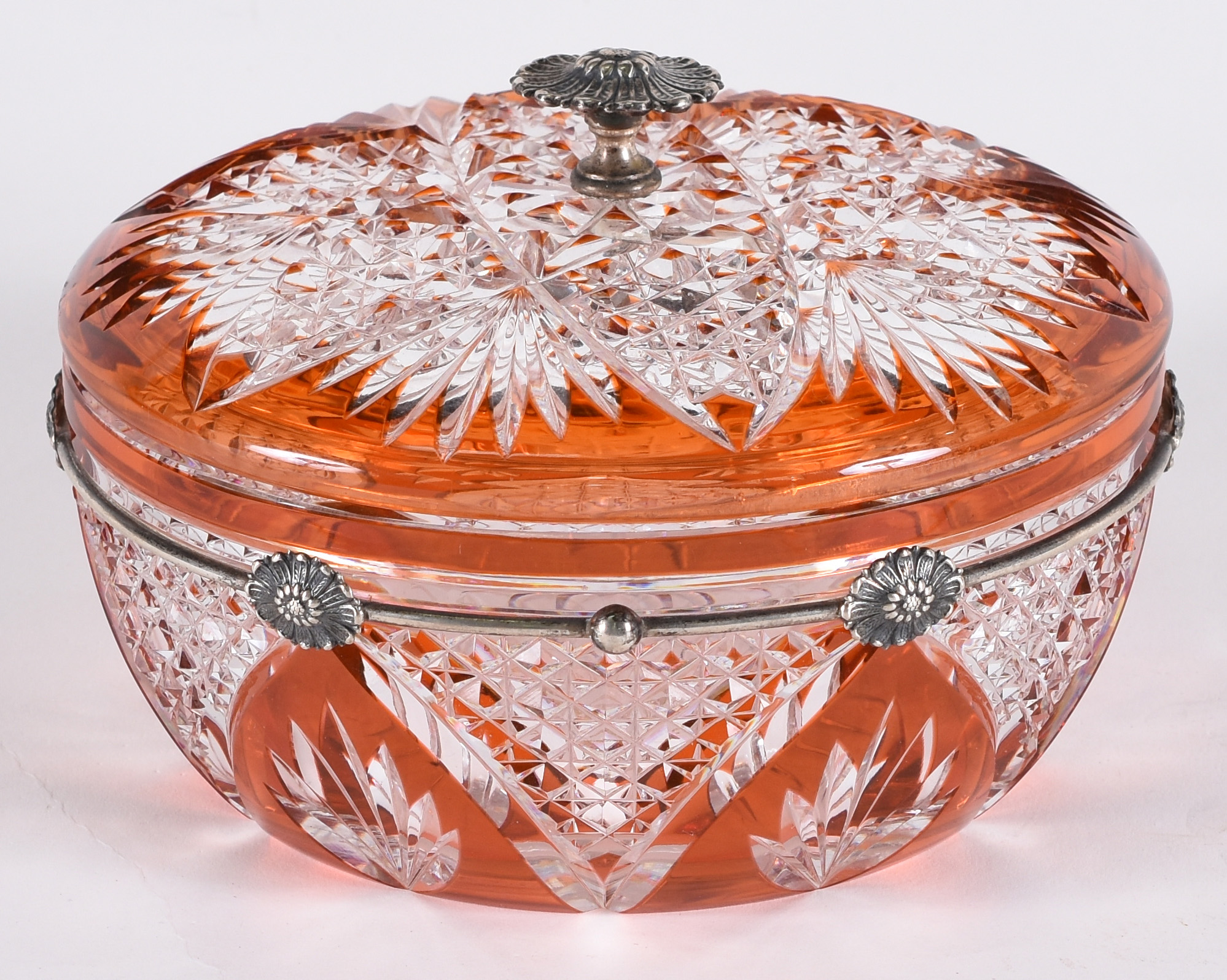 Bomboniere de cristal lapidado doublé laranja com guarnição de prata... - foto 1 de 4