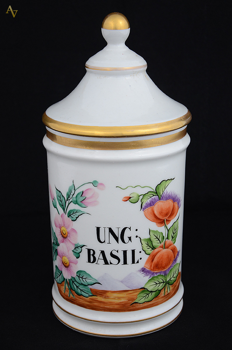 Pote de farmácia de porcelana pintado à mão. Altura 27 cm. - foto 1 de 2