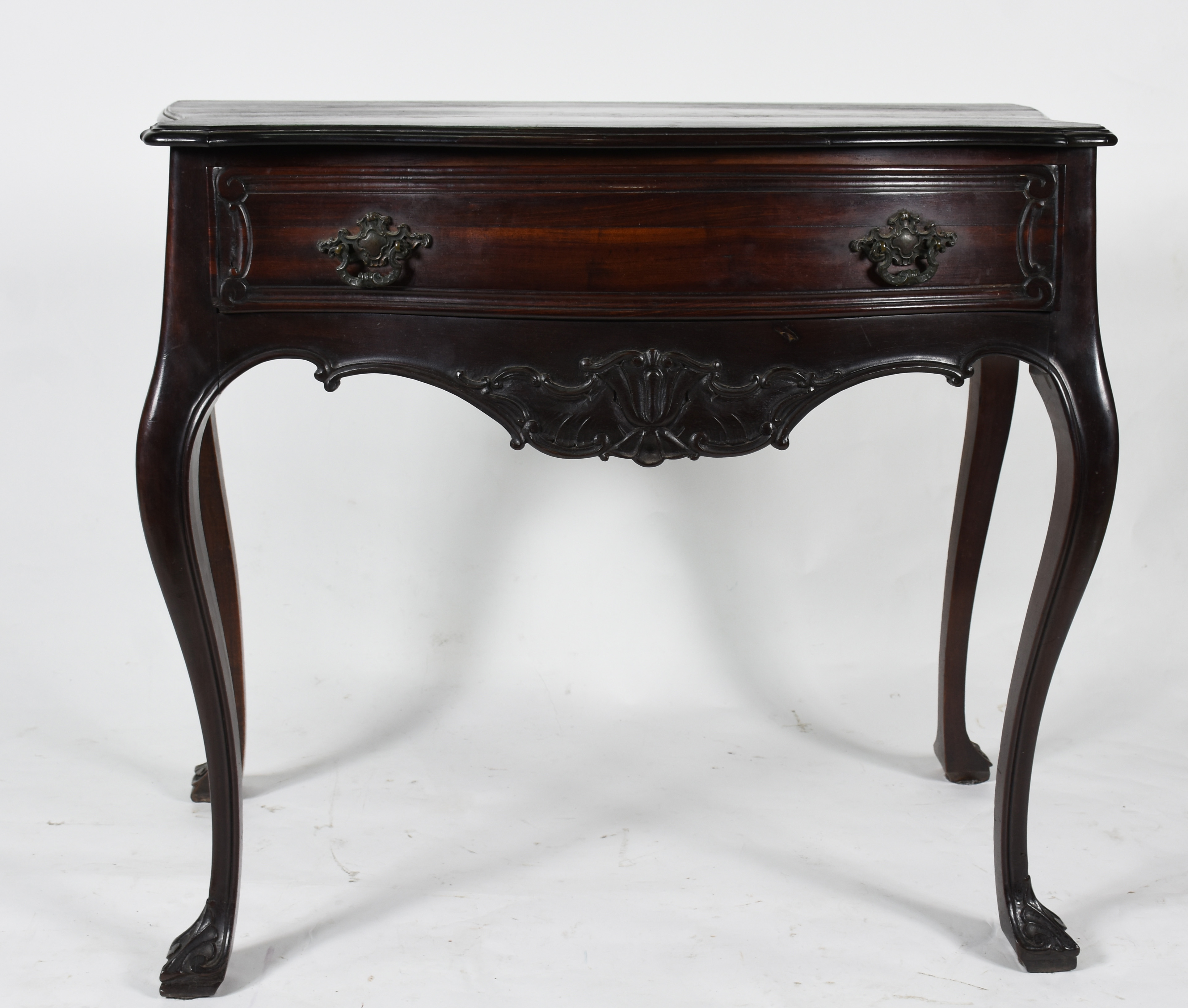 Mesa de encostar de madeira nobre, com 1 gaveta, estilo Dom José . - foto 2 de 4