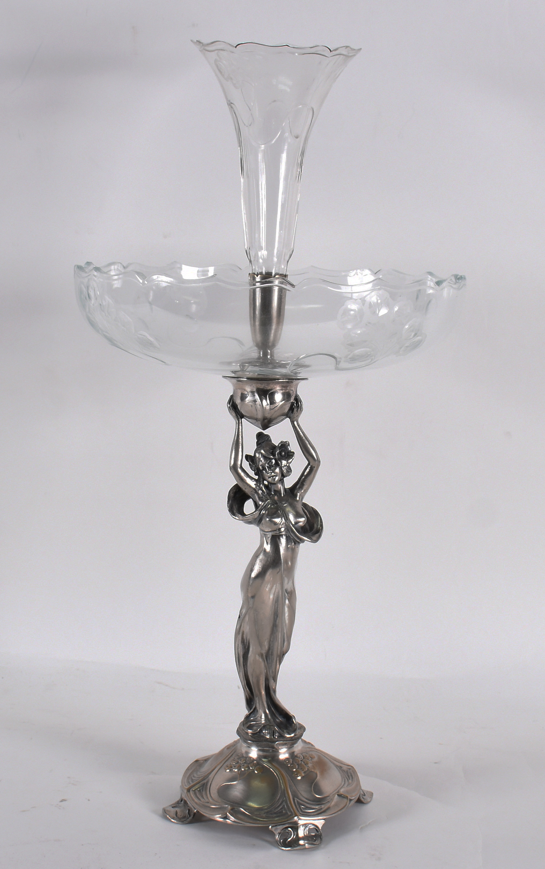 Fruteira estilo Art Nouveau de metal, base com figura feminina, prato... - foto 1 de 4