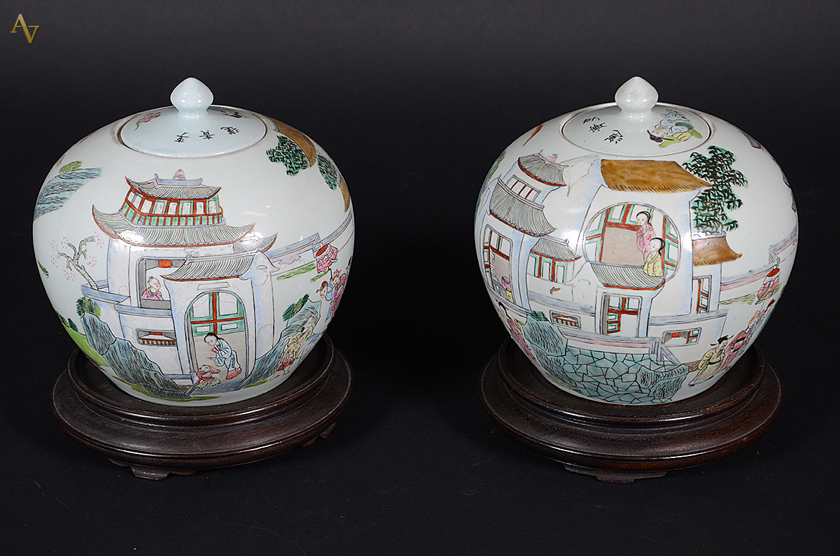 Par de potiches de porcelana chinesa decorados com pagodes em... - foto 1 de 2