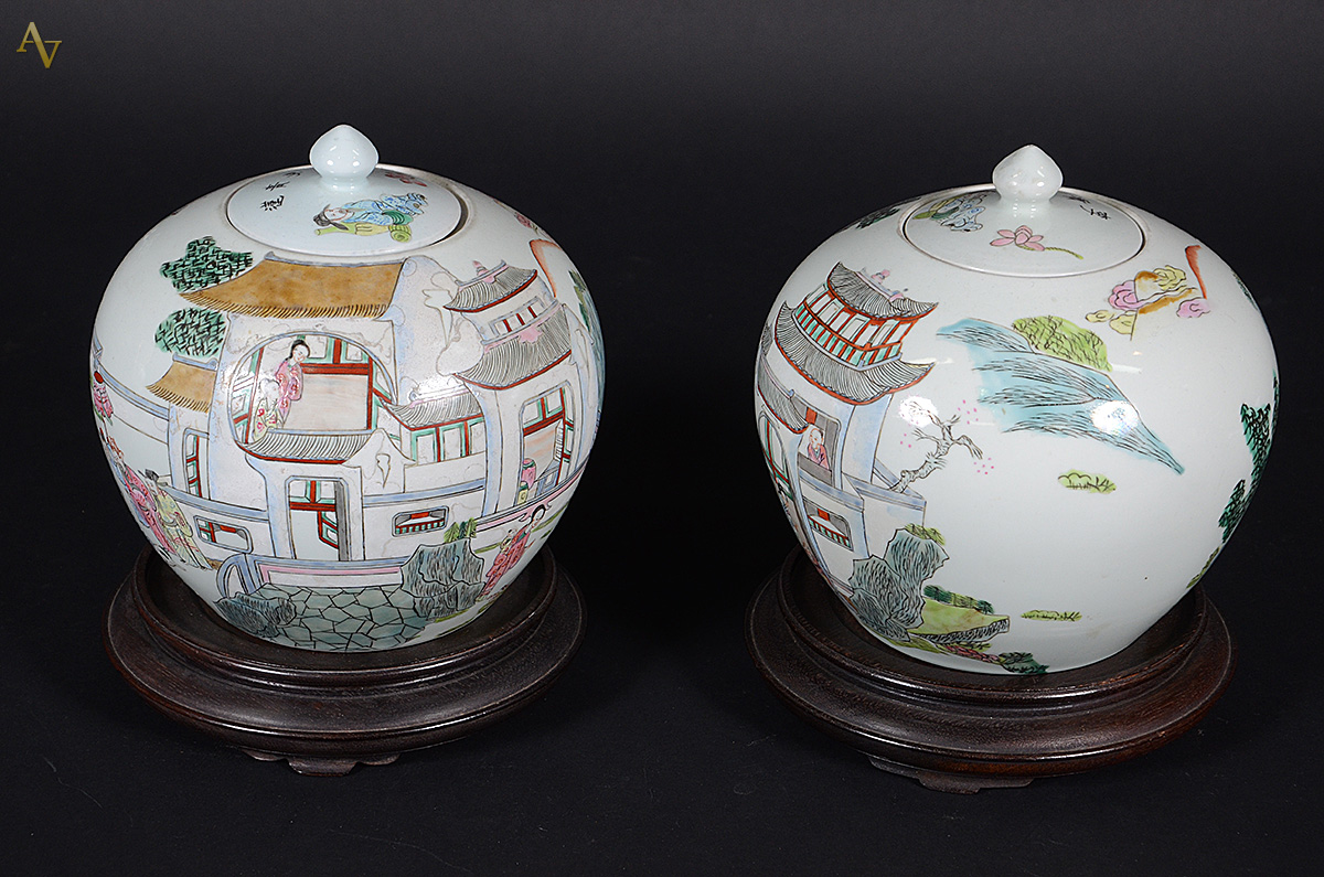 Par de potiches de porcelana chinesa decorados com pagodes em... - foto 2 de 2