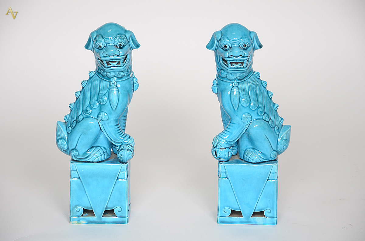 Par de cães de fó de porcelana oriental turquesa. Altura 30 cm. - foto 1 de 2