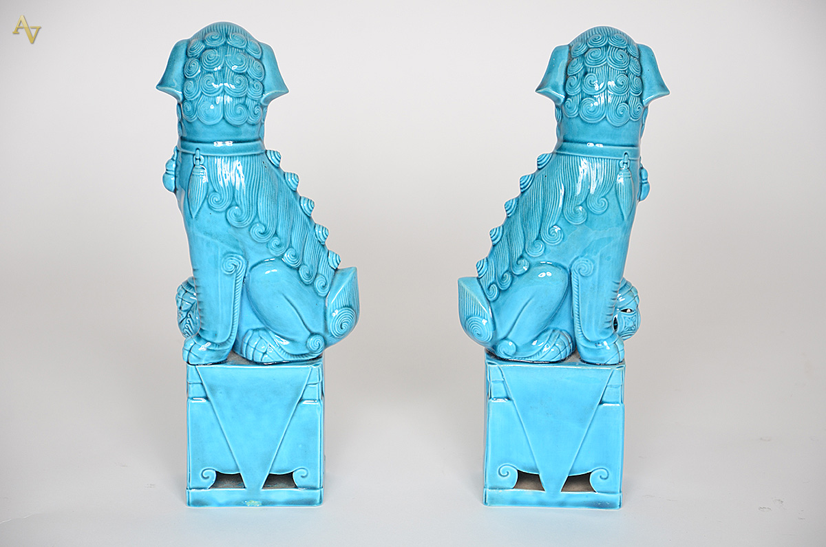 Par de cães de fó de porcelana oriental turquesa. Altura 30 cm. - foto 2 de 2