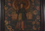 Escola Cusquenha (1538), Menino Jesus caminhante - Cuzquenho Original – “Menino Jesus Caminhante” – Retrata o Menino Jesus com chapéu hispânico, rodeado de flores decorativas.  
América do Sul – Sé...