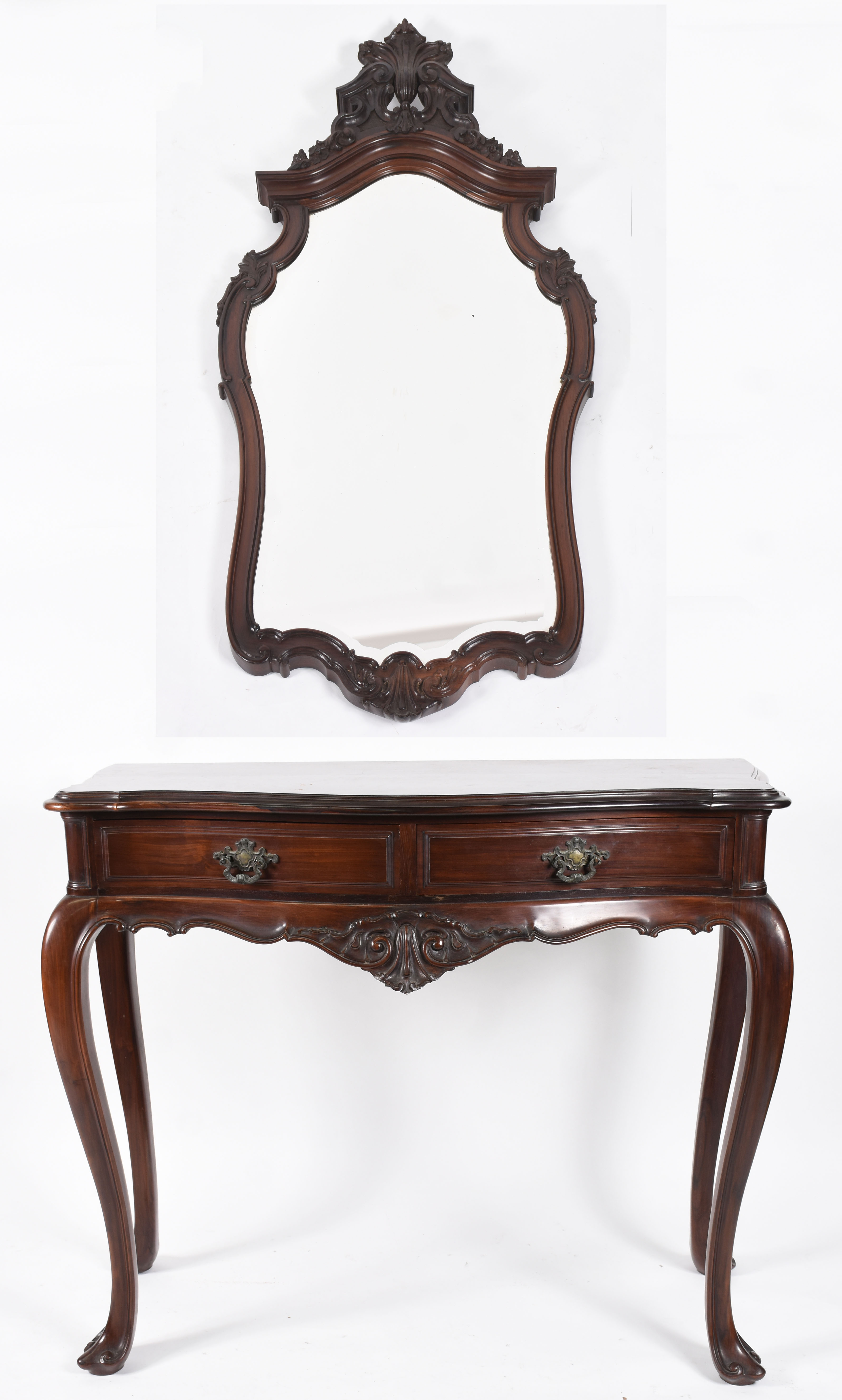 Belíssimo conjunto de Mesa de encostar de jacarandá com duas gavetas... - foto 1 de 9
