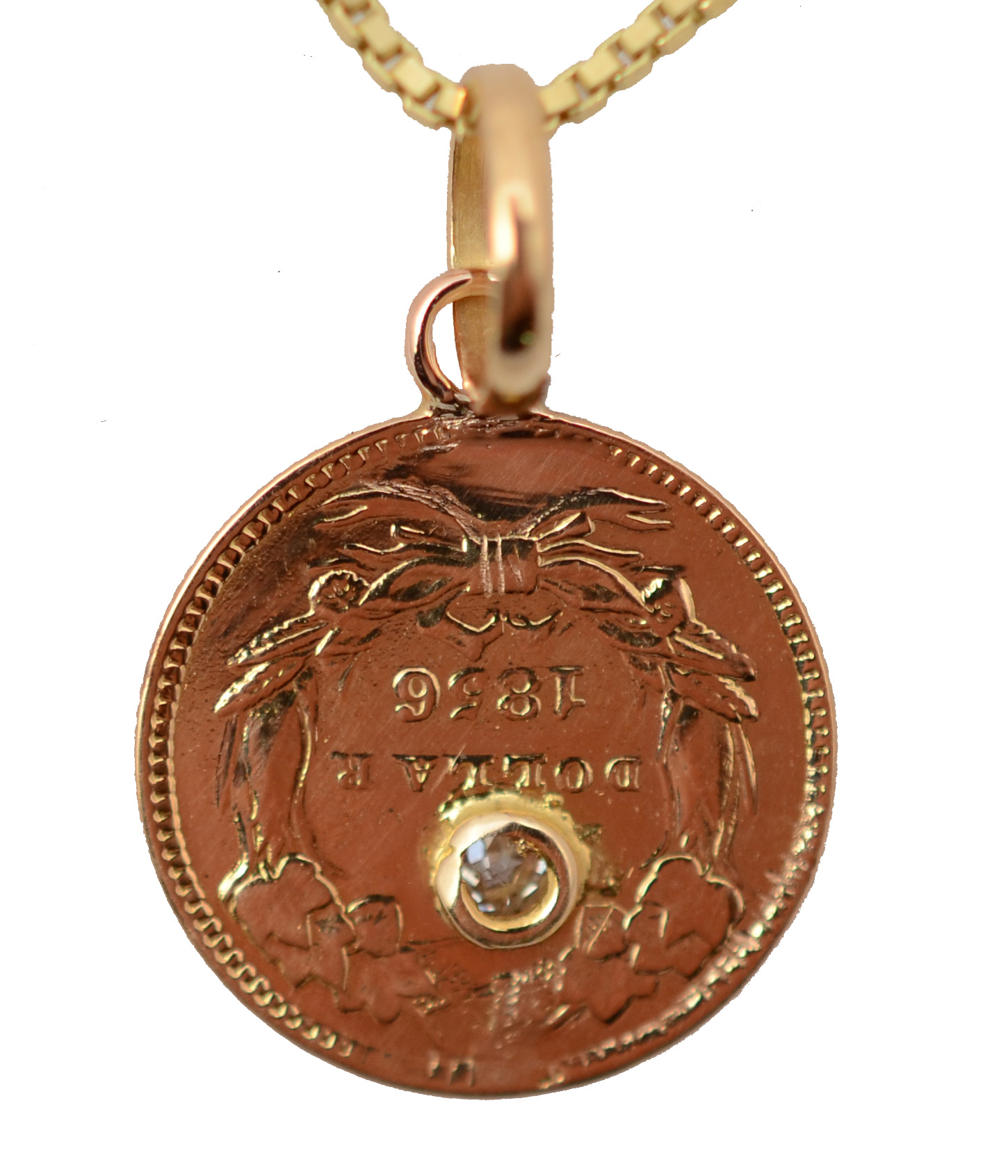 Pendente com rara moeda de US$ 1,00 (Dólar americano) de 1856, ouro... - foto 2 de 3