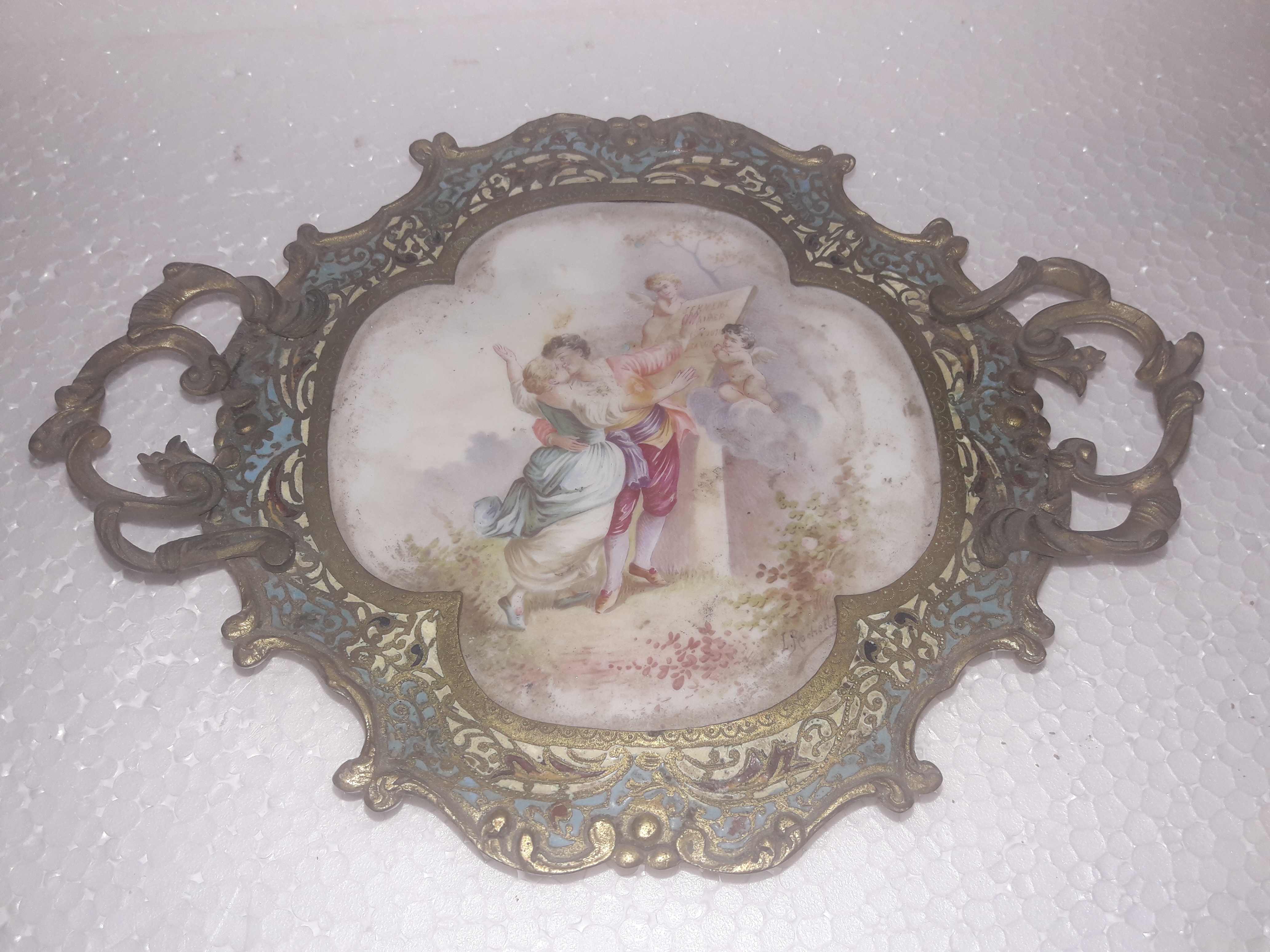 Porta cartões – Metal e porcelana – Decoração com pintura romântica... - foto 1 de 2