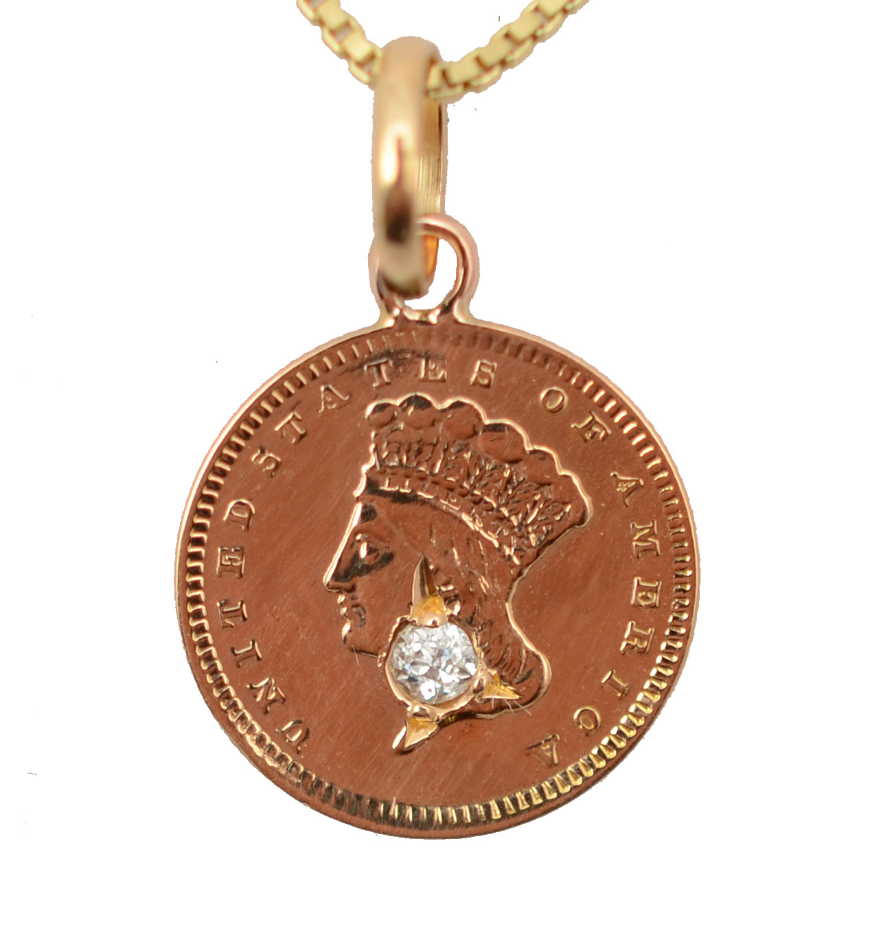 Pendente com rara moeda de US$ 1,00 (Dólar americano) de 1856, ouro... - foto 1 de 3