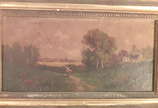 Assinatura não identificada, Paisagem com lago - Escola Européia - Moldura antiga em madeira dourada .Inglaterra XIX / XX.
medida total  17 cm de altura X 35 cm largura .