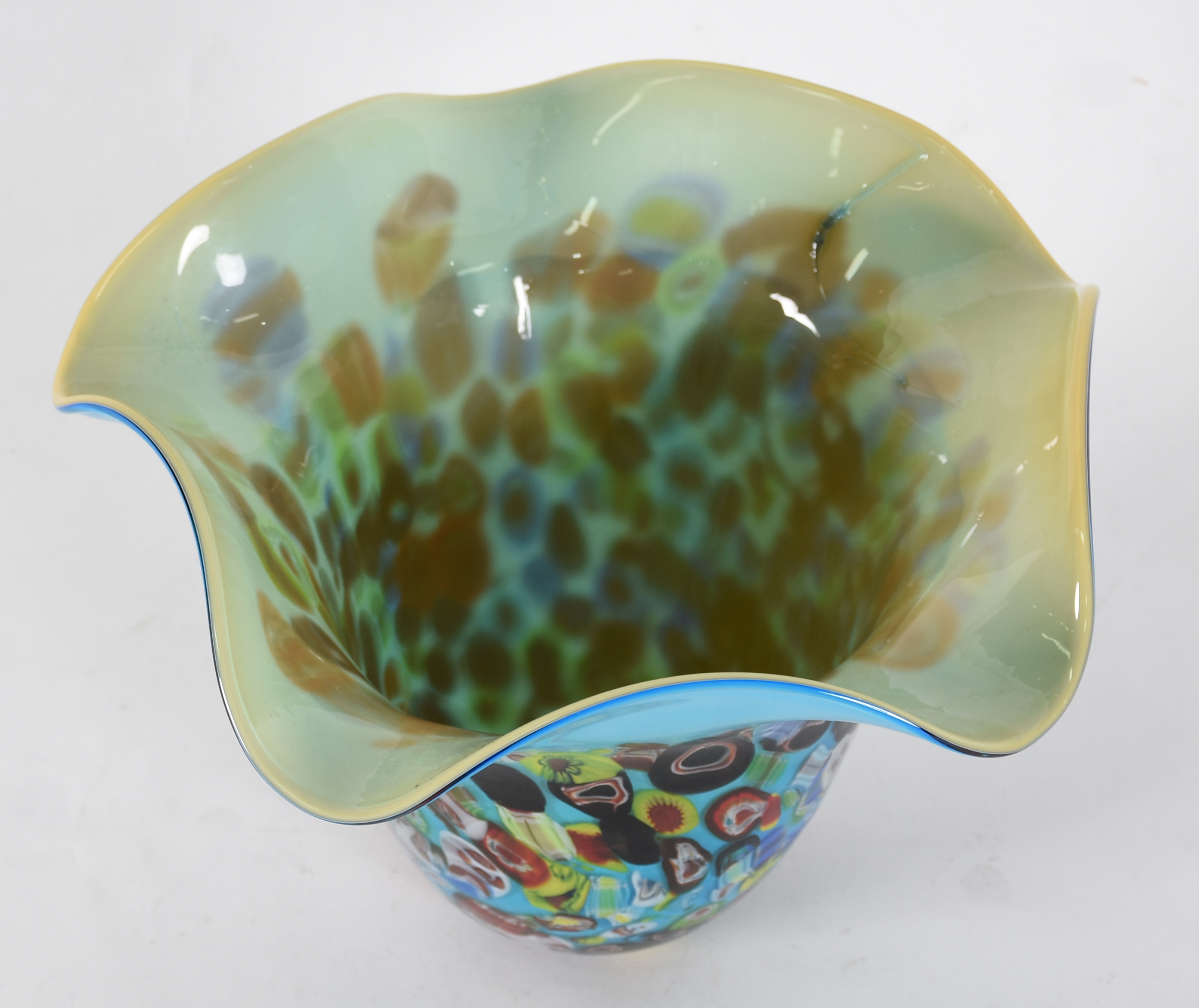 Cachepot de murano com fundo na cor turquesa e decoração milifiori... - foto 1 de 5