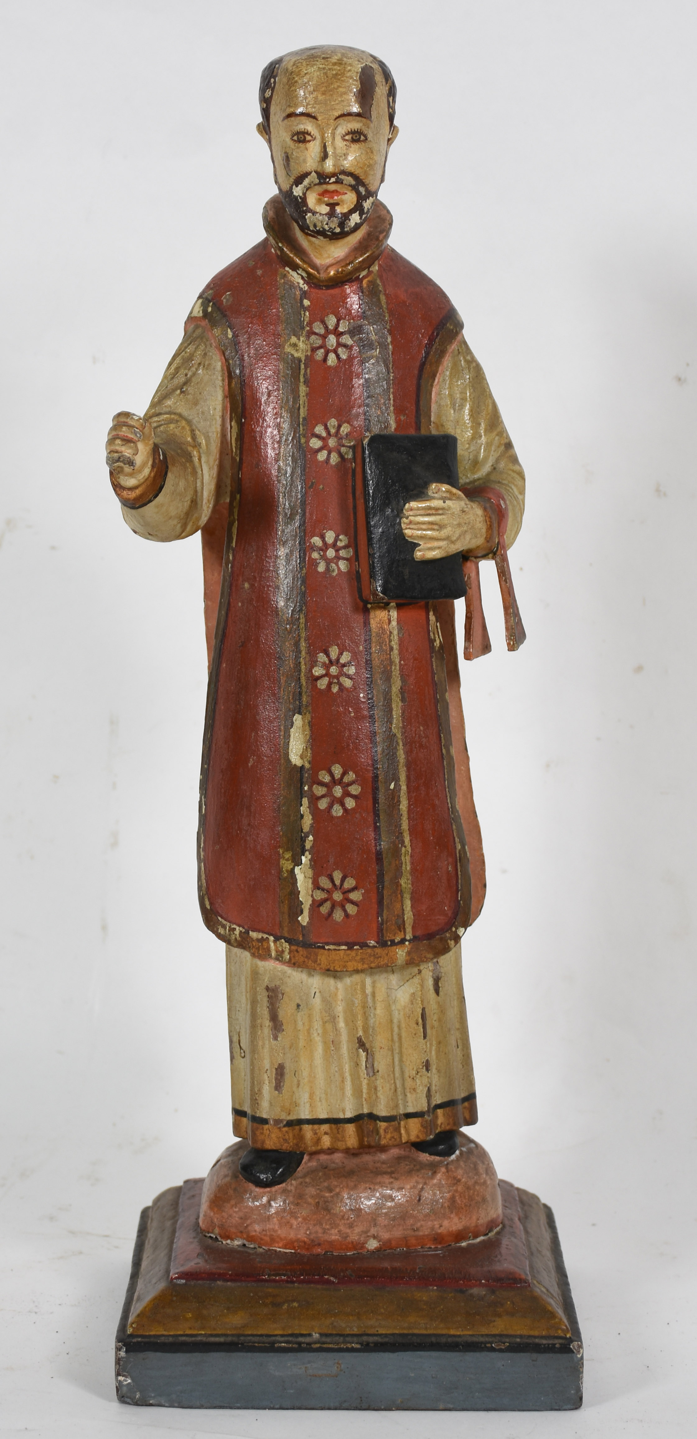 Antiga imagem de madeira policromada representando Santo com bíblia. - foto 1 de 3