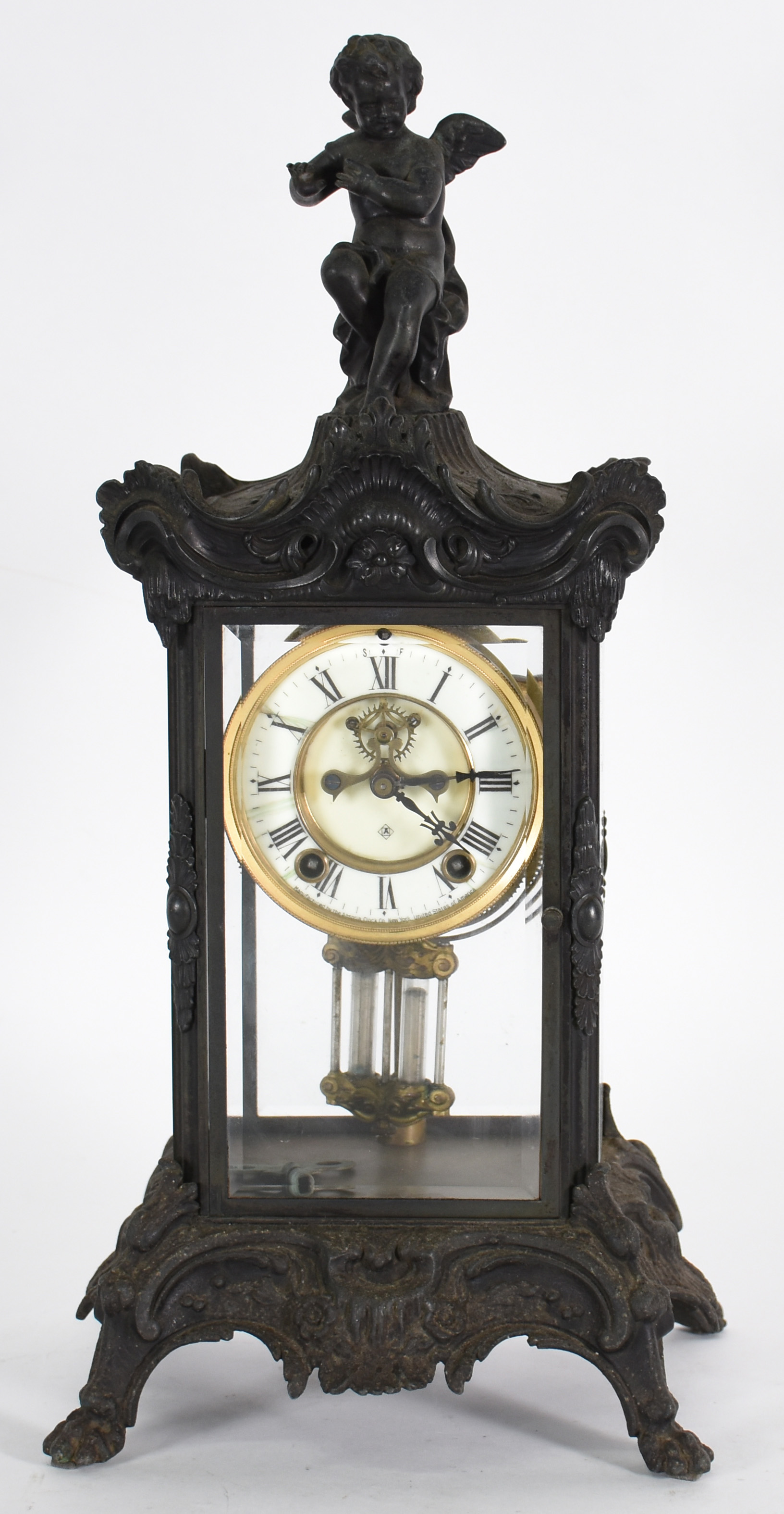 Relógio de mesa ANSONIA de bronze com laterais de vidro, encimado por... - foto 1 de 5