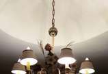 Lustre de metal para seis luzes com pequenas cú... - Lustre de metal para seis luzes com pequenas cúpulas de metal , folhagens douradas com flores opalinadas. (Altura sem a corrente 60 cm).