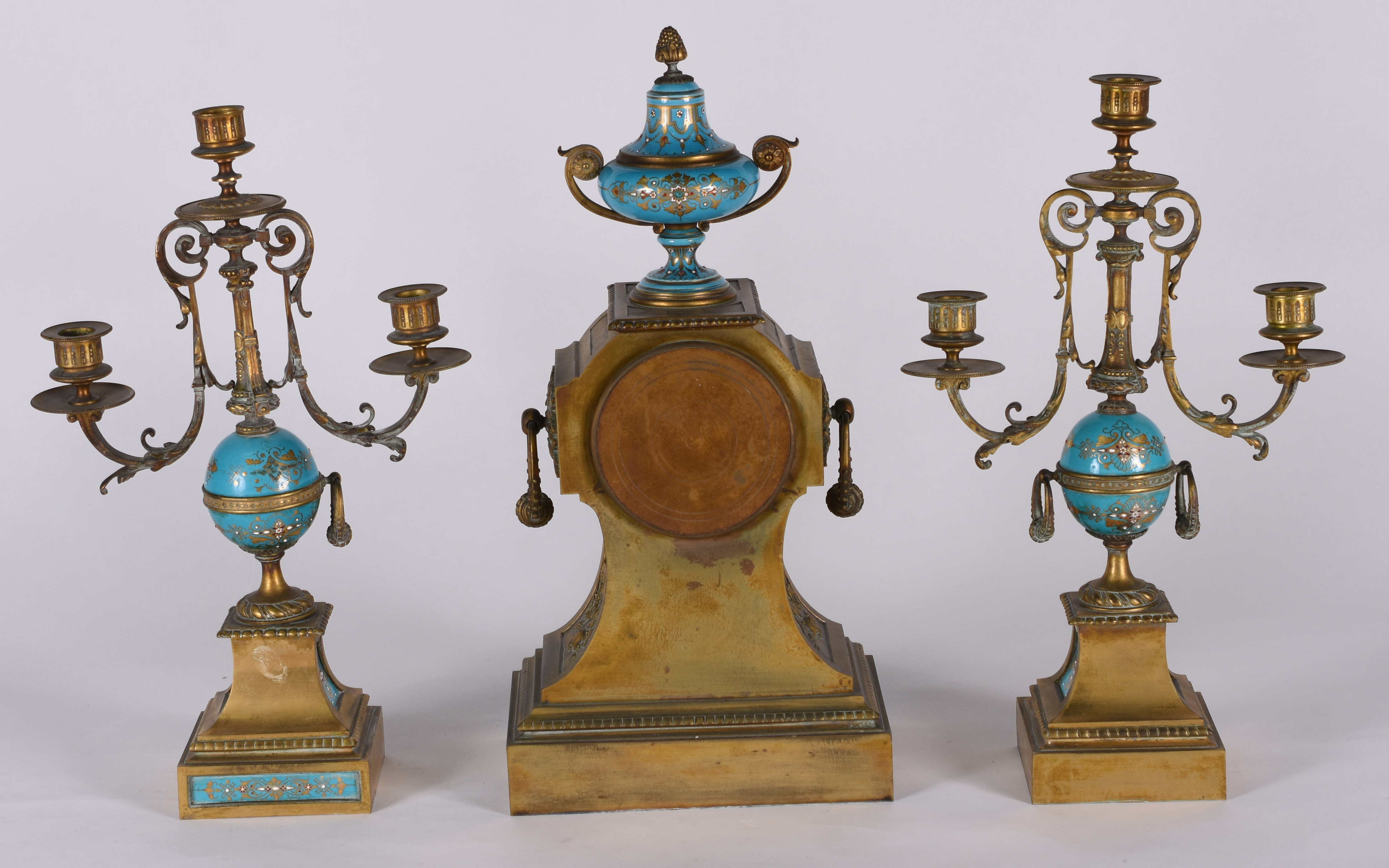 Terno frances de bronze e porcelana turquesa decorada com figuras... - foto 5 de 8