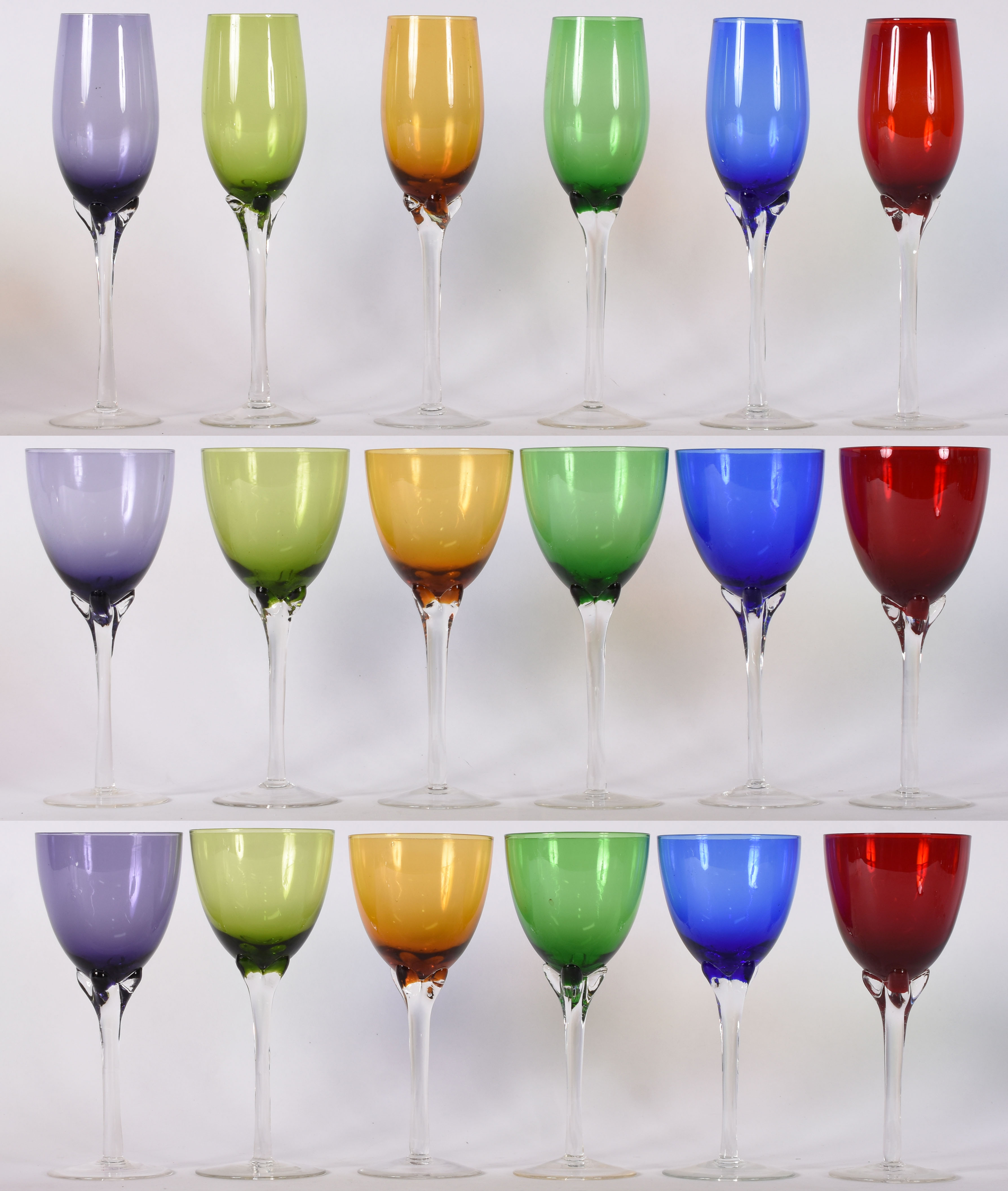 Seis taças para vinho tinto,6 para vinho branco e 6 flutes coloridas - foto 1 de 2