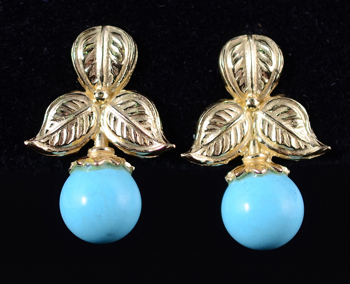 Brincos italianos em ouro 18 k contrastado e turquesas - 4,4 g...