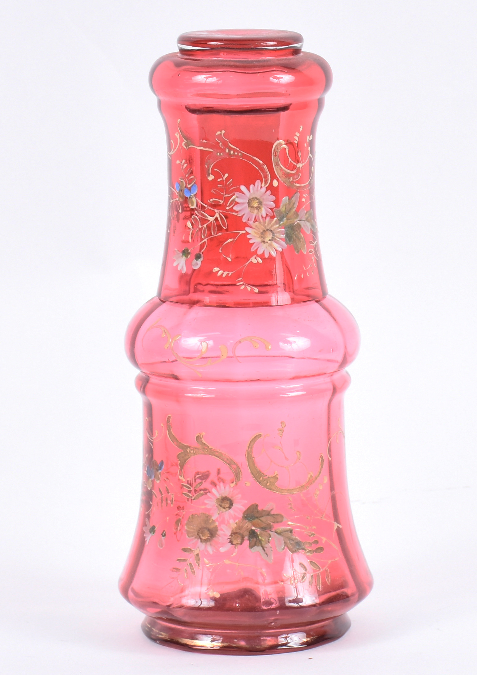 Verre d'eau de antigo vidro rosa esmaltado com flores em policromia . - foto 1 de 6