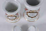 Dois potes de farmácia de porcelana branca pint... - Dois potes de farmácia de porcelana branca pintadas á mão, assinadas na base.