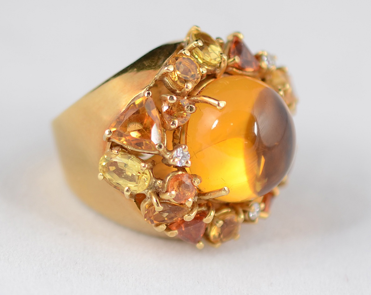 Anel de ouro amarelo 18 k com citrino cabochan e brilhantes - 15 g... - foto 1 de 2