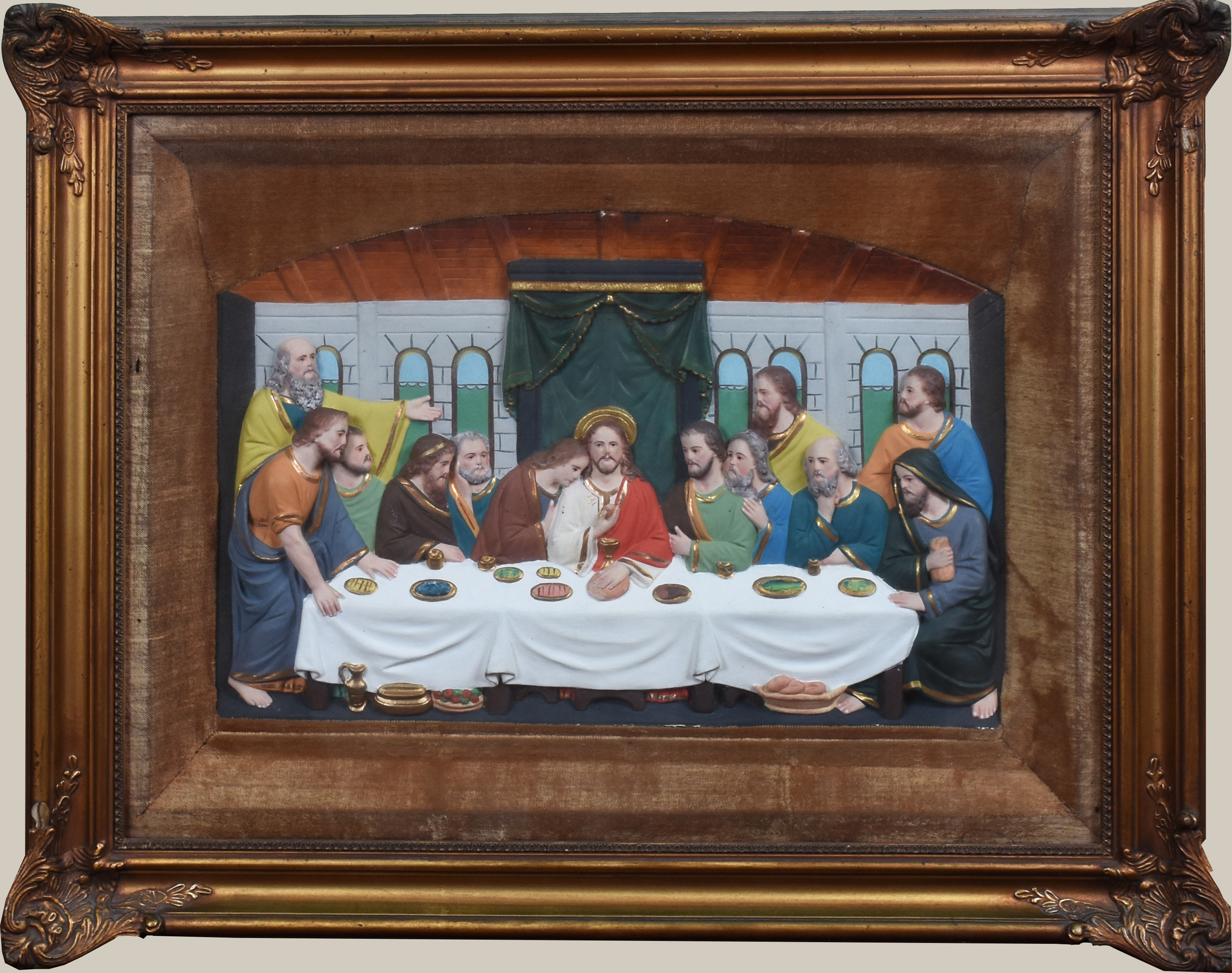 Quadro representando "Santa Ceia" de estuque policromado. Medida... - foto 1 de 3