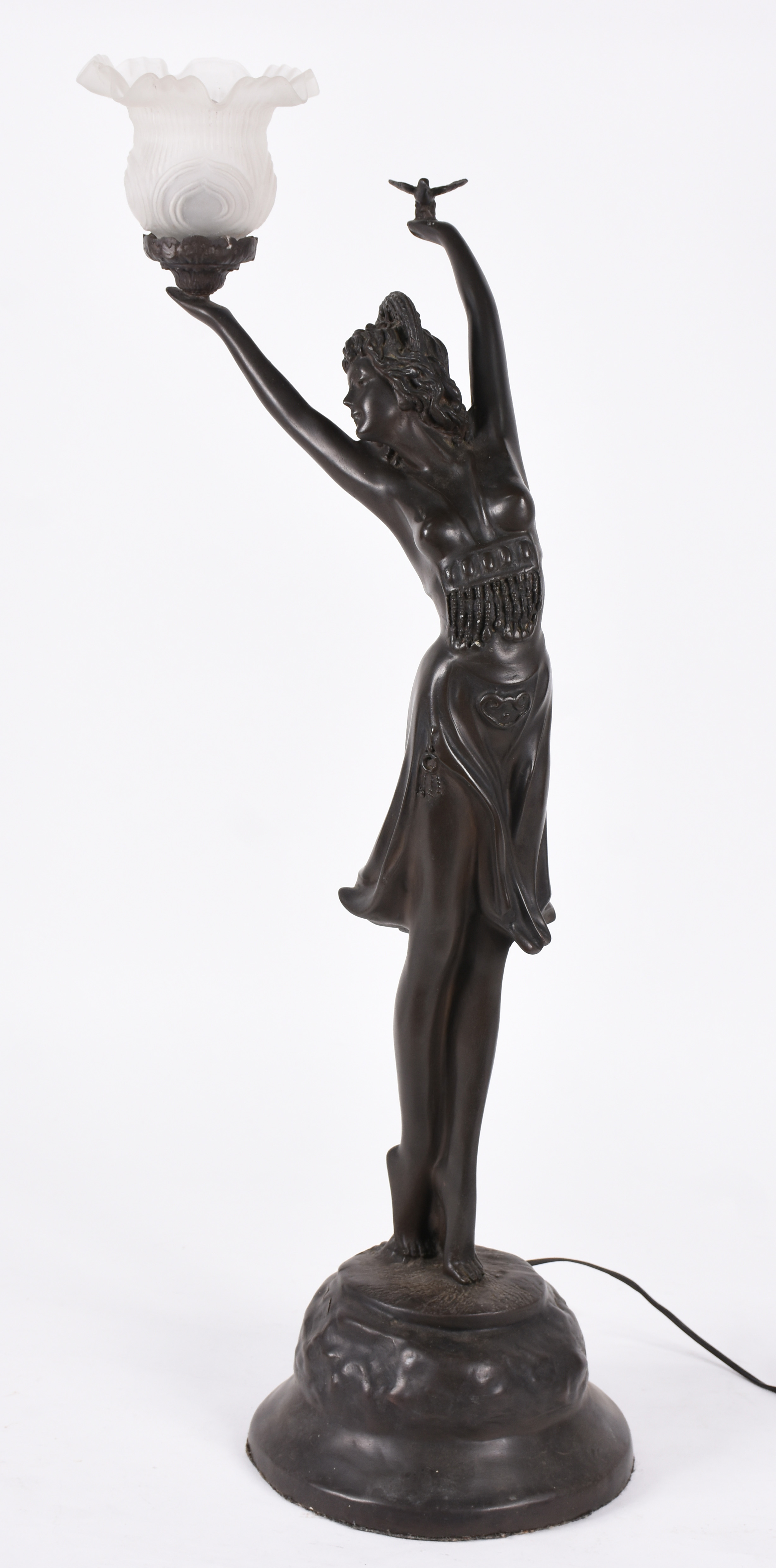 Luminária de petit bronze representando figura feminina. - foto 1 de 6