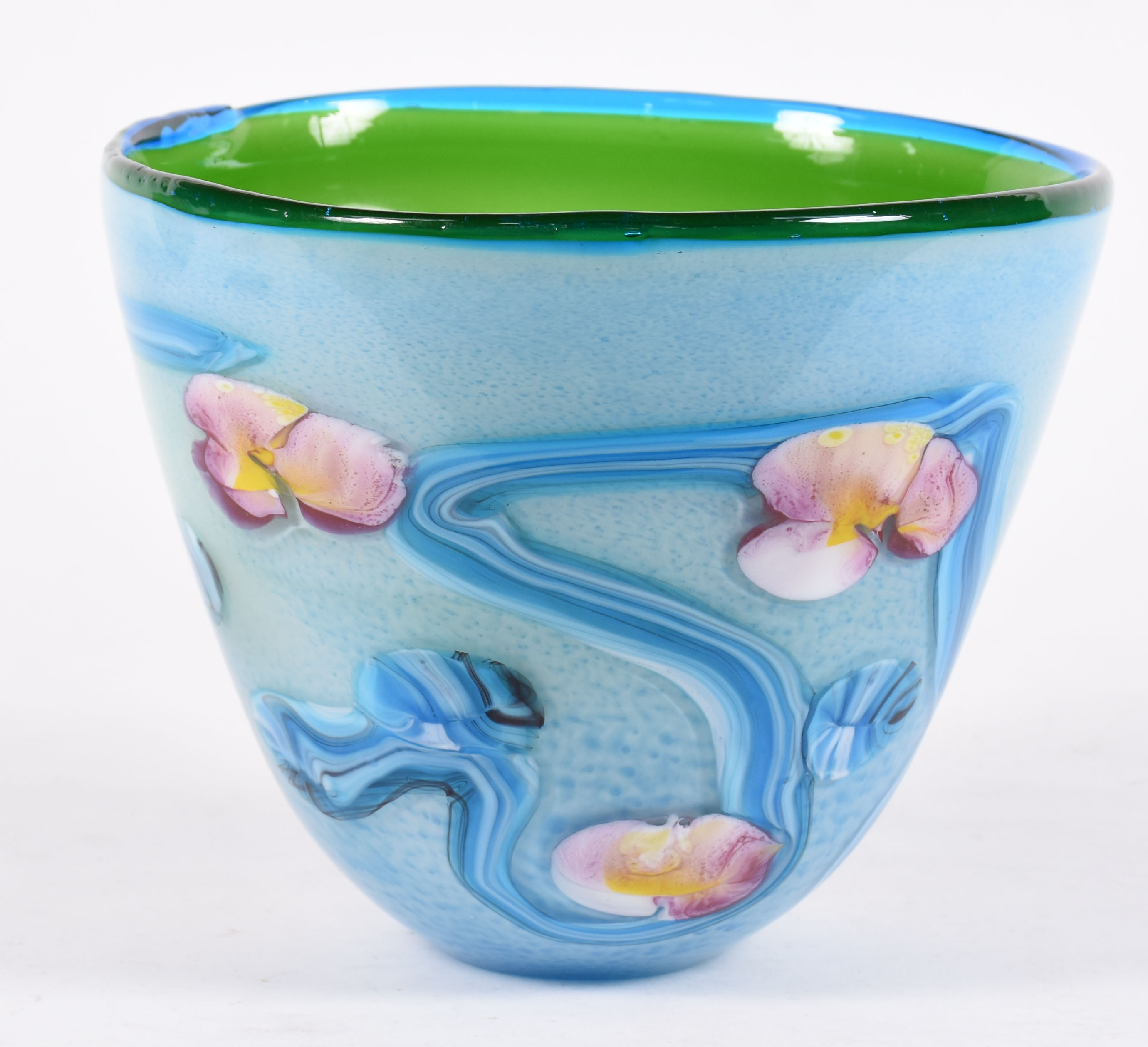 Jarro decorativa de murano na cor turquesa com flores em policromia... - foto 1 de 4