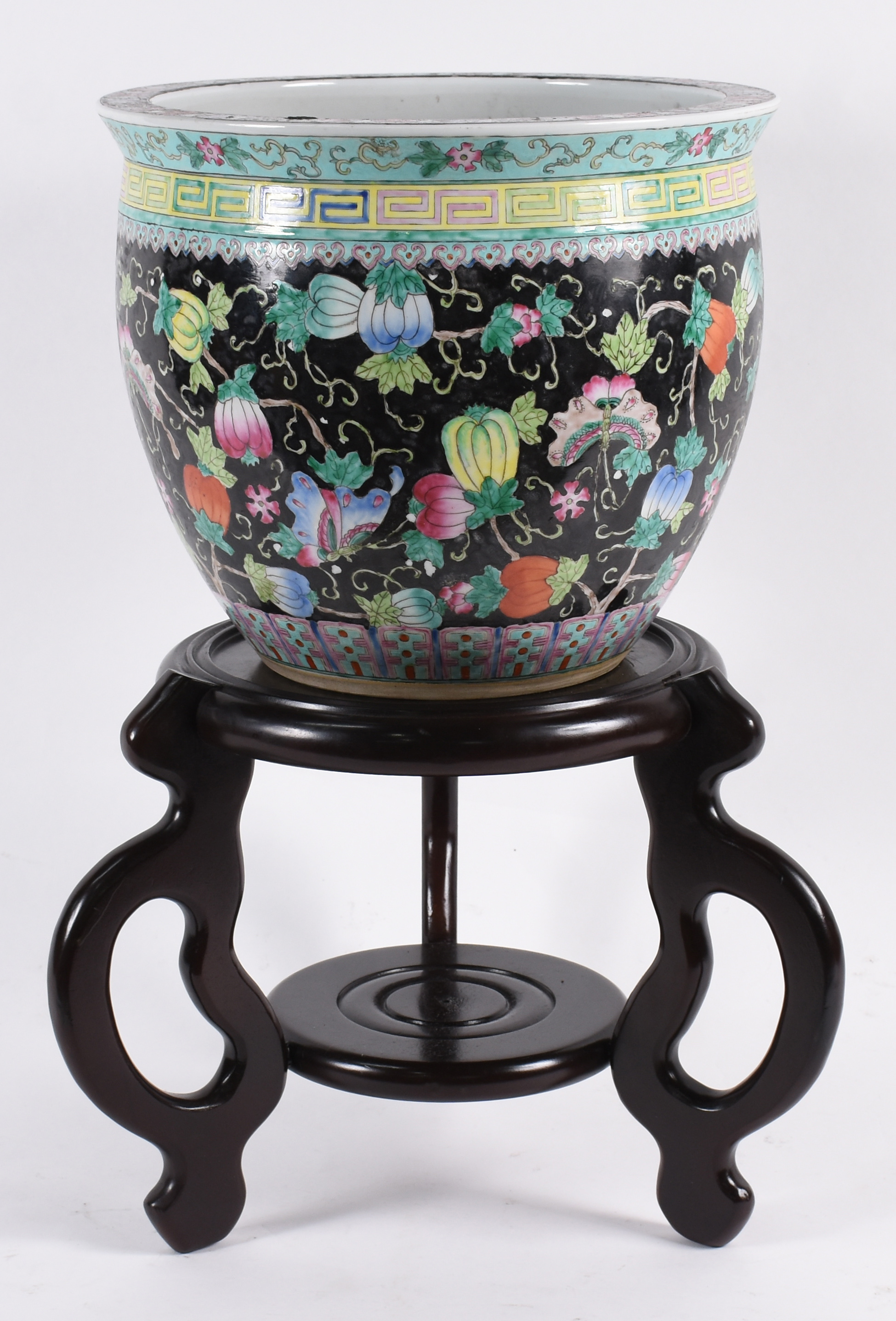 Cachepot de porcelana oriental com peanha de madeira. (Altura da... - foto 1 de 4