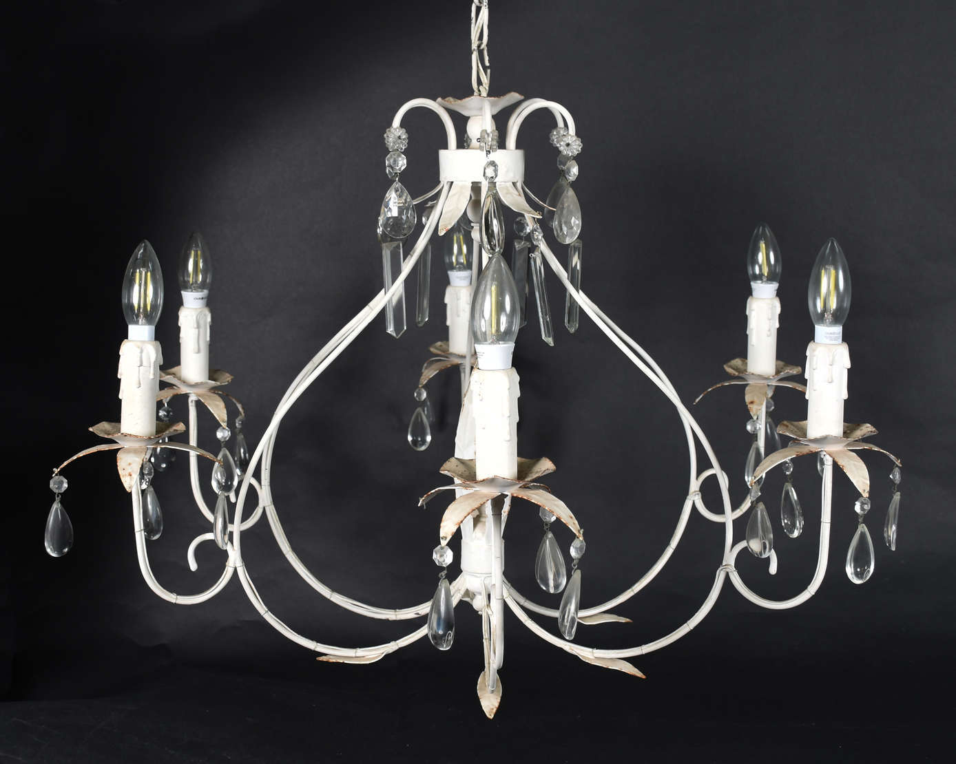 Lustre para 6 lâmpadas de metal pintando de branco com pingentes de... - foto 1 de 2