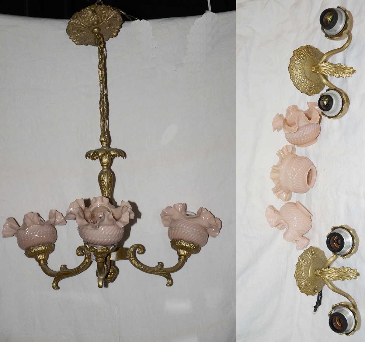 Conjunto com lustre e par de apliques de metal dourado (falta uma...