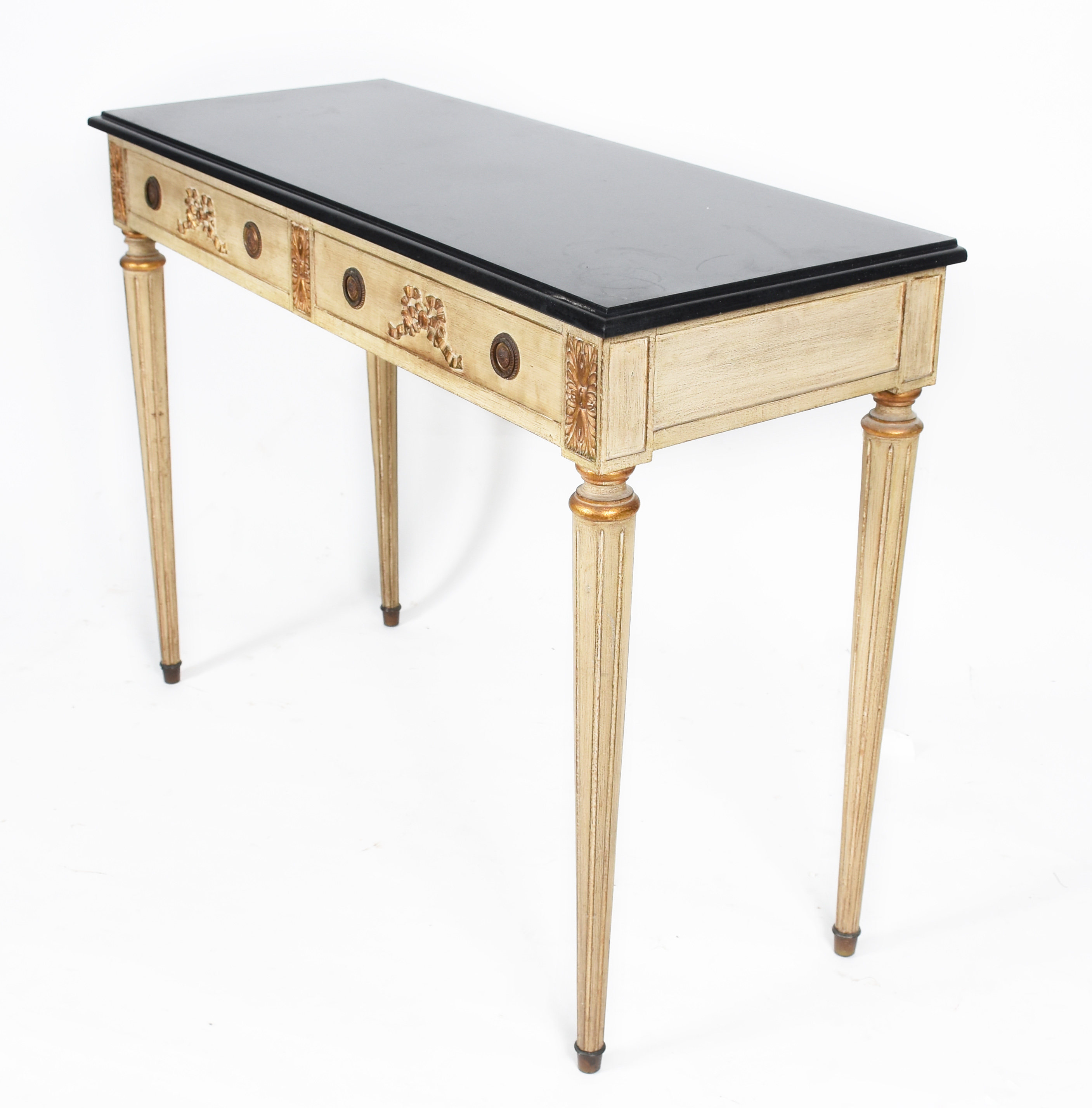 Mesa de encostar de madeira nobre em decapé, duas gavetas, pernas... - foto 1 de 6