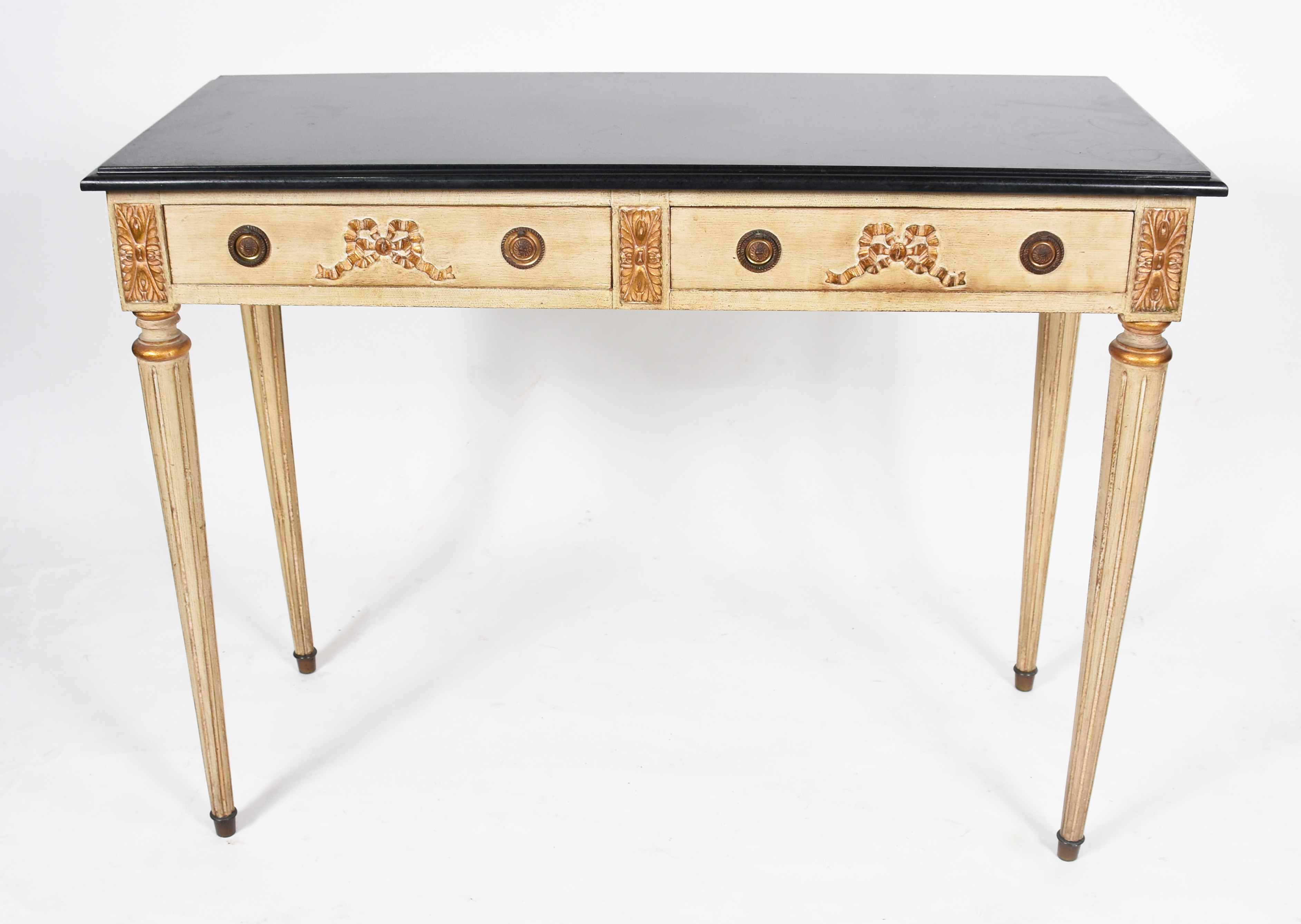 Mesa de encostar de madeira nobre em decapé, duas gavetas, pernas... - foto 2 de 6