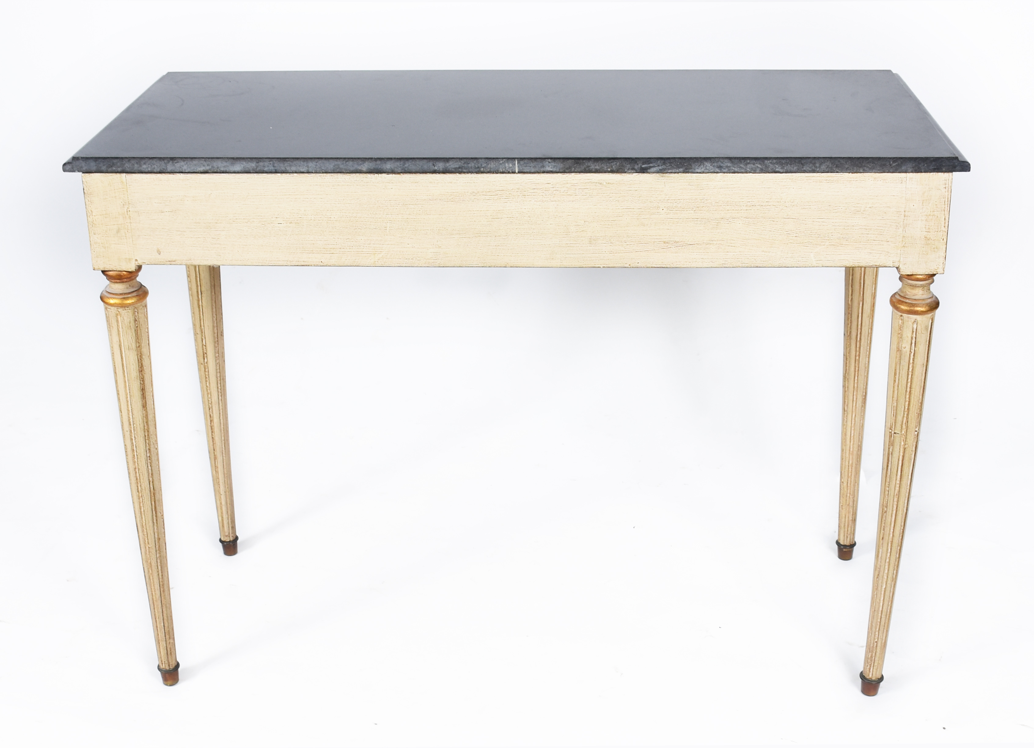 Mesa de encostar de madeira nobre em decapé, duas gavetas, pernas... - foto 6 de 6
