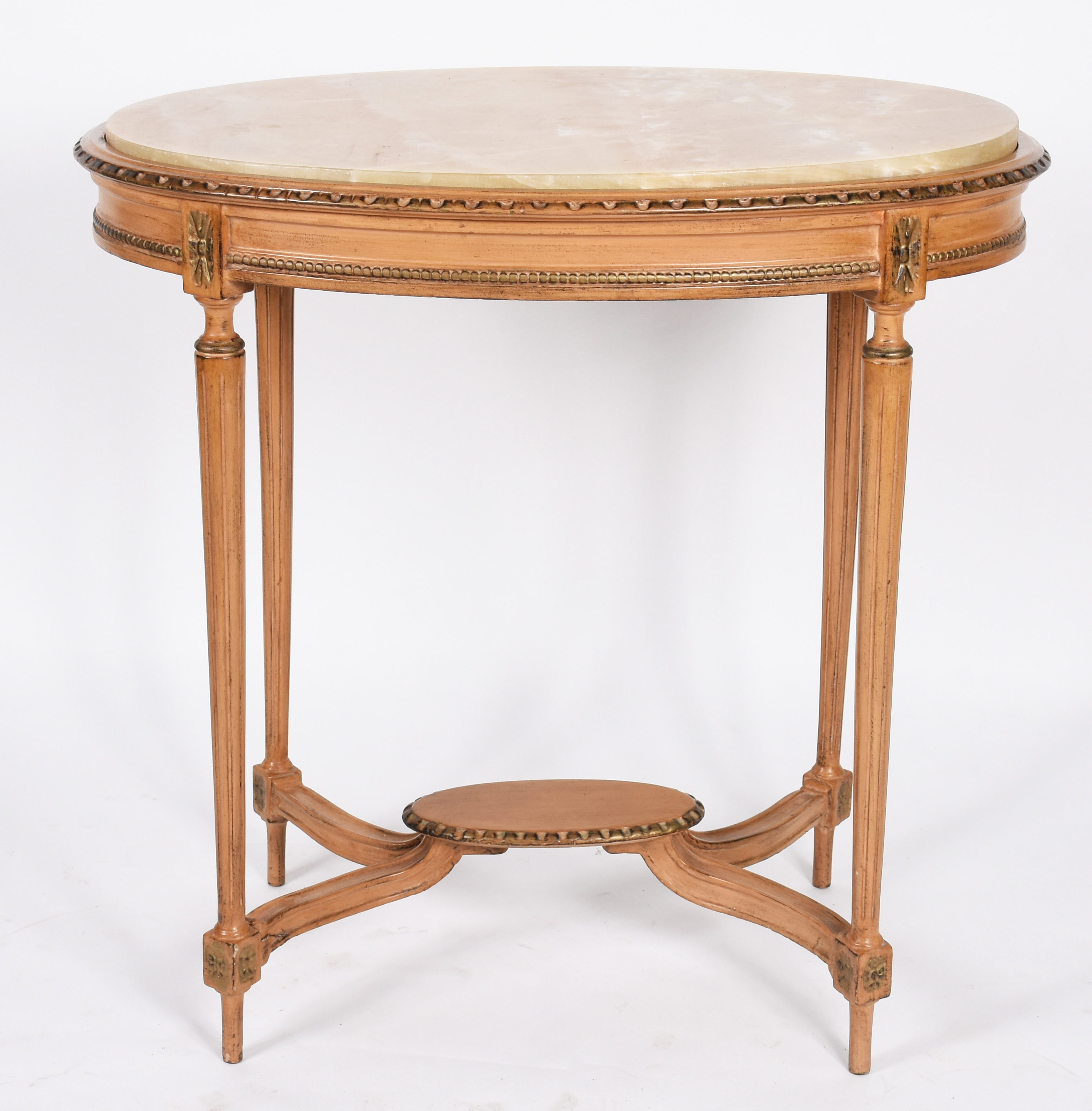 Mesa de madeira nobre, tampo oval com mármore bege, quatro pernas... - foto 3 de 4