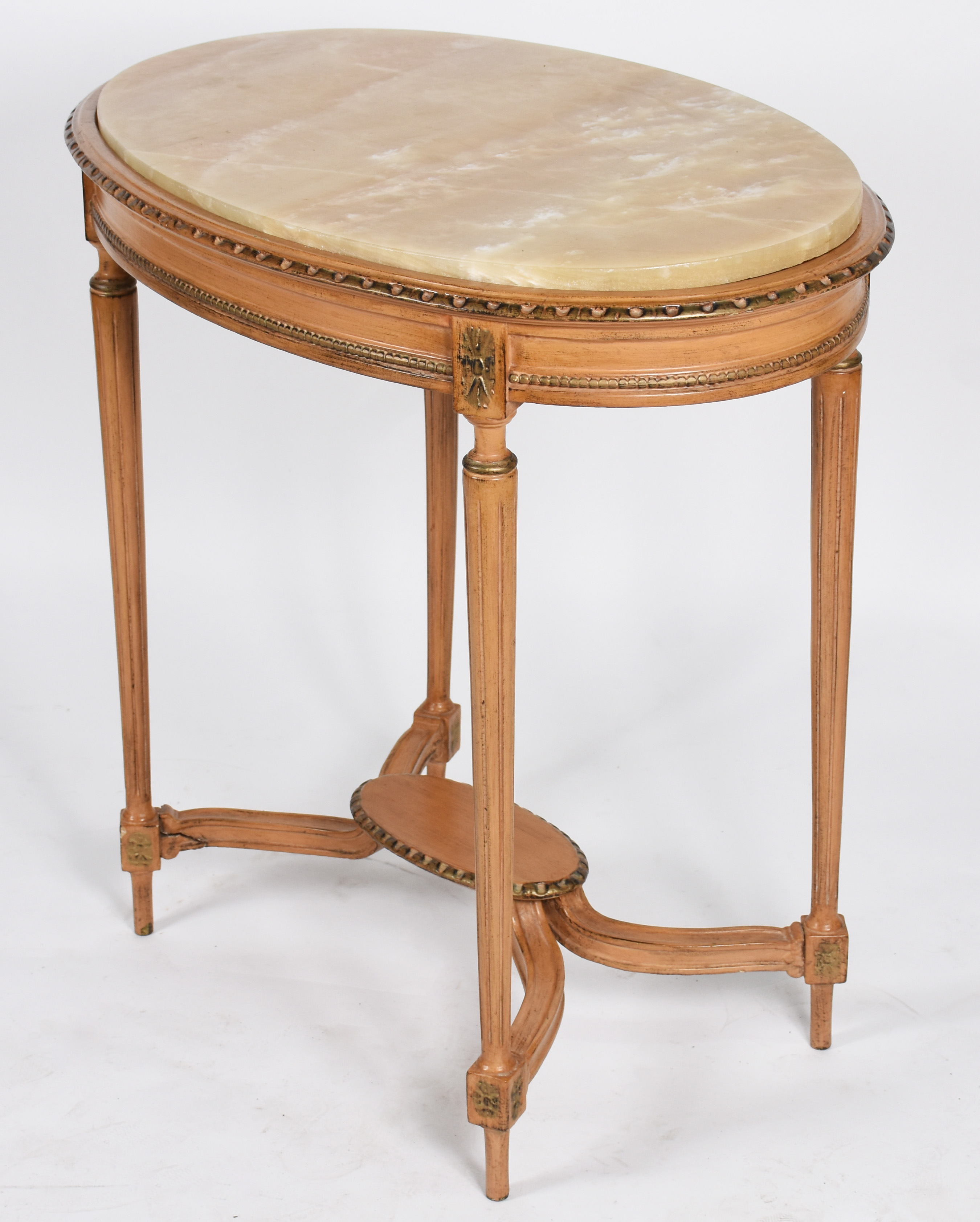 Mesa de madeira nobre, tampo oval com mármore bege, quatro pernas... - foto 1 de 4