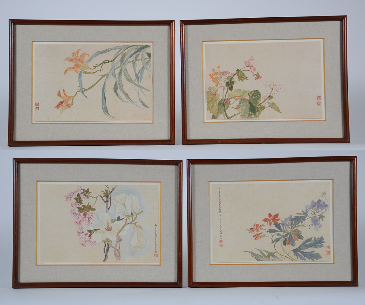 Conjunto com 4 quadros orientais - Flores - 28 x 43 (cada) - assinado