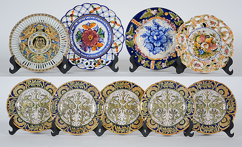 Nove pratos de cerâmica em diversas decorações, diâmetros 19 a 27 cm.